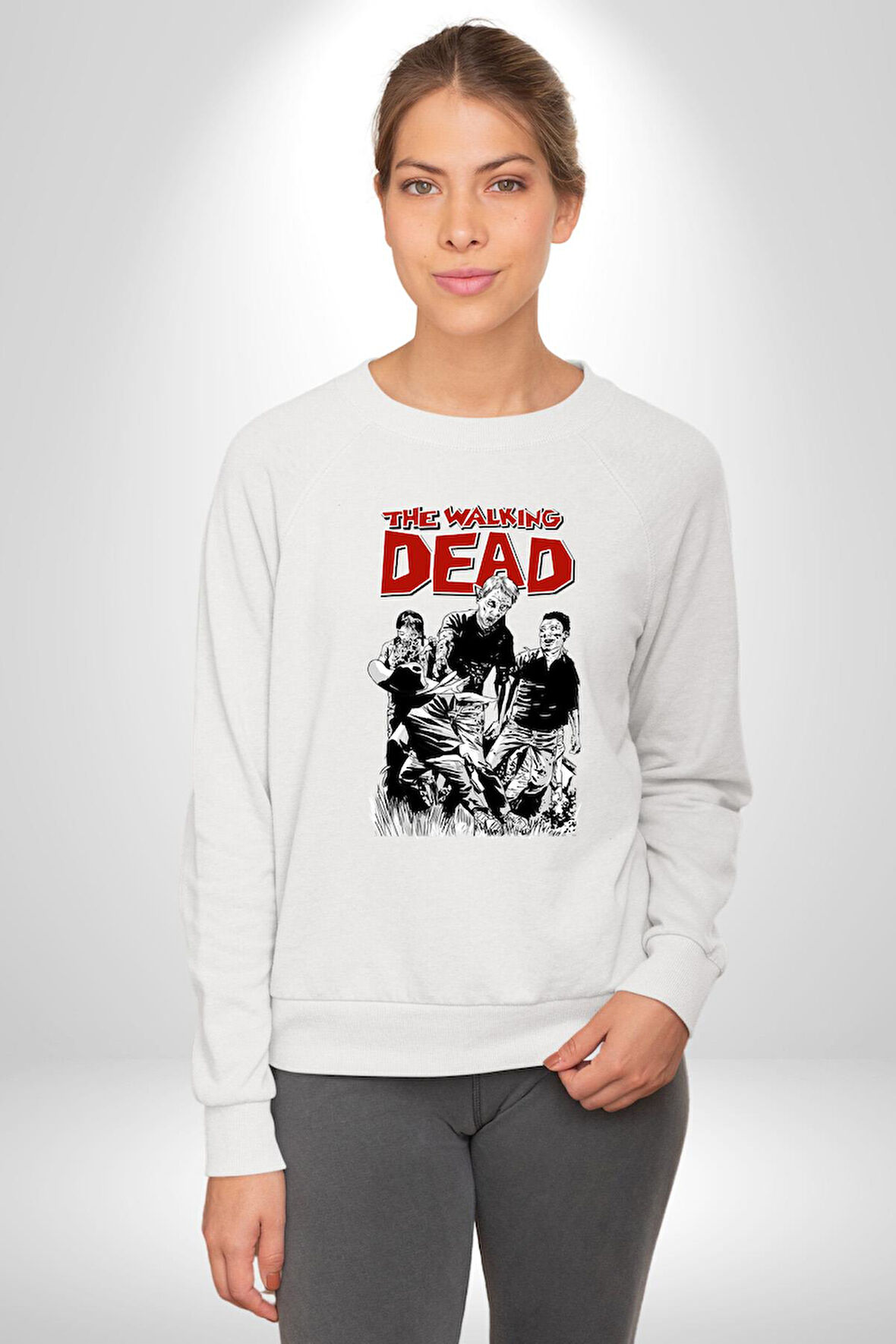 The Walking Dead - Rick Grimes ve Zombiler Erkek Kadın Unisex Dijital Baskılı Beyaz Sweatshirt