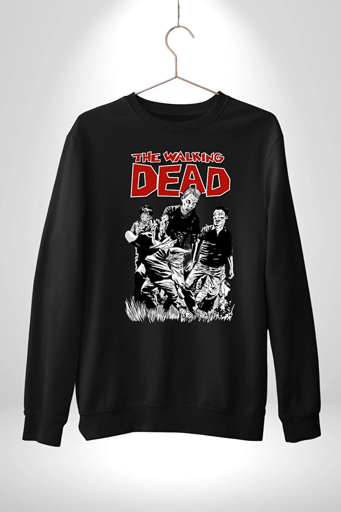 The Walking Dead - Rick Grimes ve Zombiler Erkek Kadın Unisex Dijital Baskılı Siyah Sweatshirt