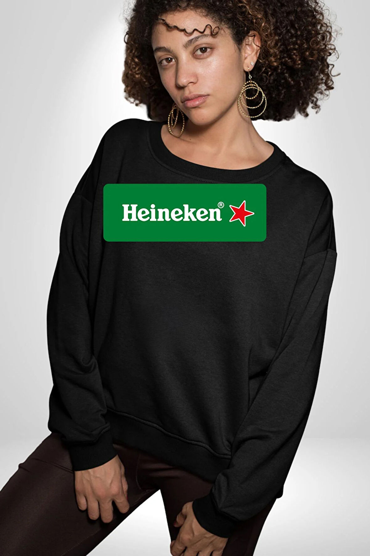 Heineken - İkonik Bira Markası Logosu Erkek Kadın Unisex Dijital Baskılı Siyah Sweatshirt