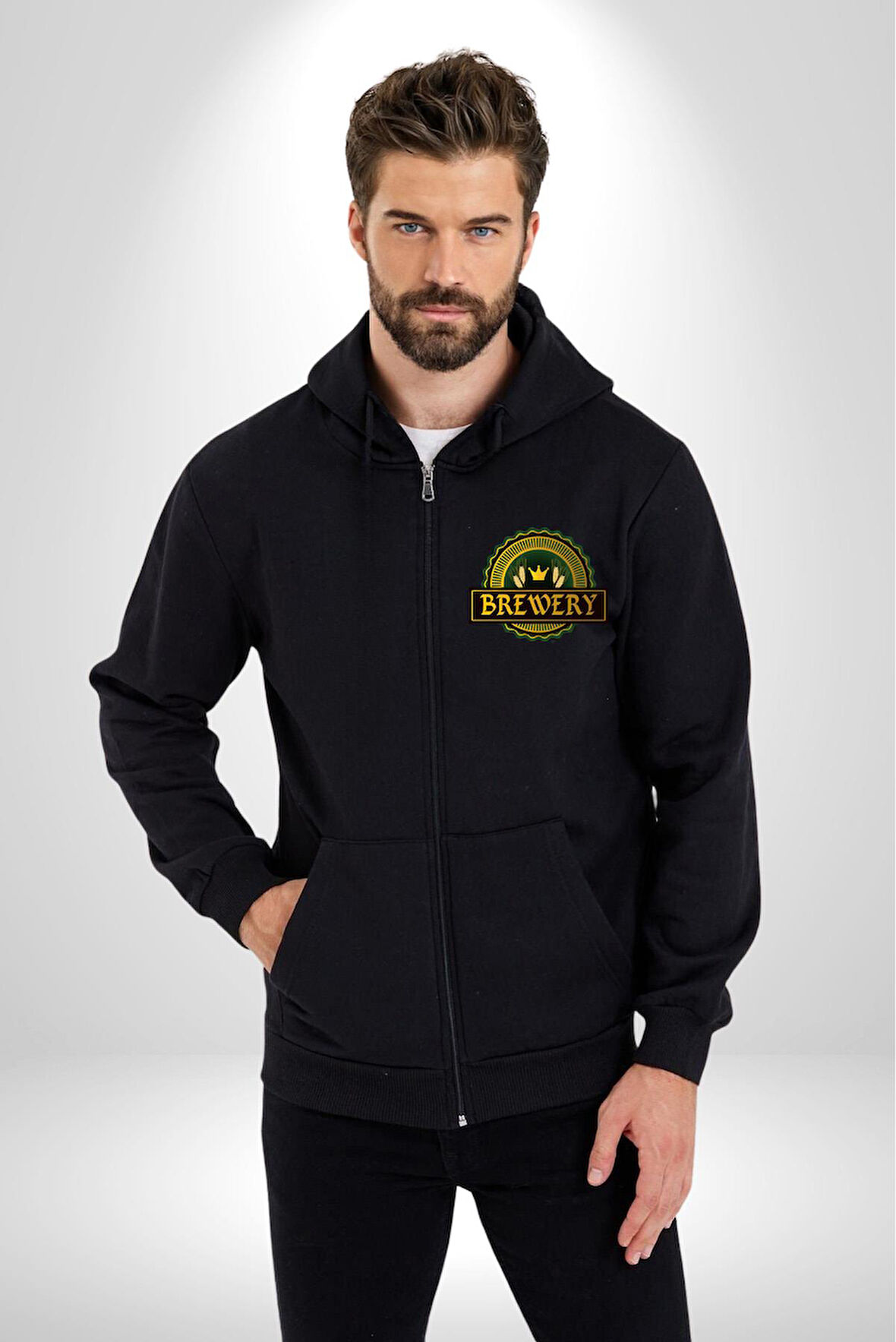 Craft Brewery - Geleneksel Bira Üretimi Logosu Erkek Kadın Siyah Fermuarlı Baskılı Hırka Sweatshirt