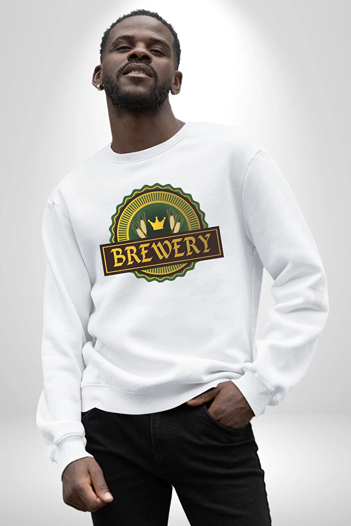 Craft Brewery - Geleneksel Bira Üretimi Logosu Erkek Kadın Unisex Dijital Baskılı Beyaz Sweatshirt