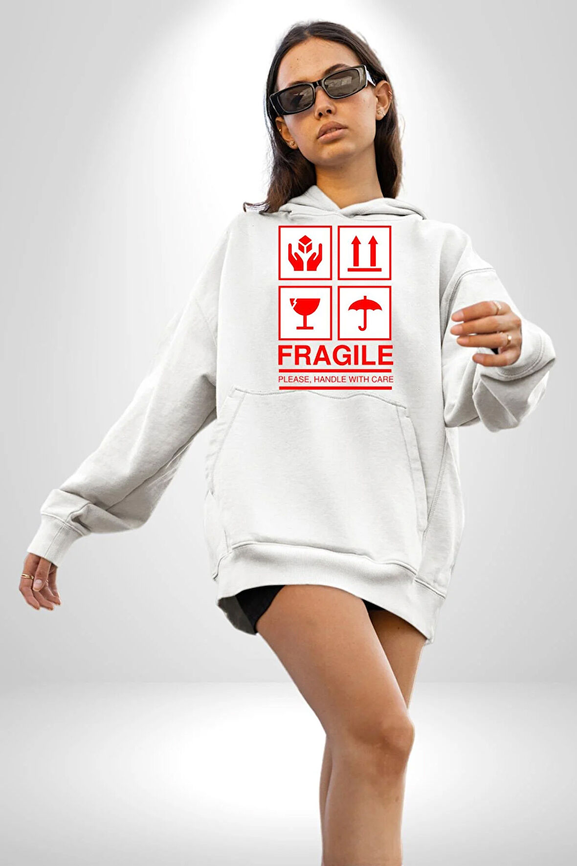 Kırılabilir - Dikkatli Taşıyınız İşareti Erkek Kadın Beyaz Dijital Baskılı Kapüşonlu Sweatshirt Hoodie
