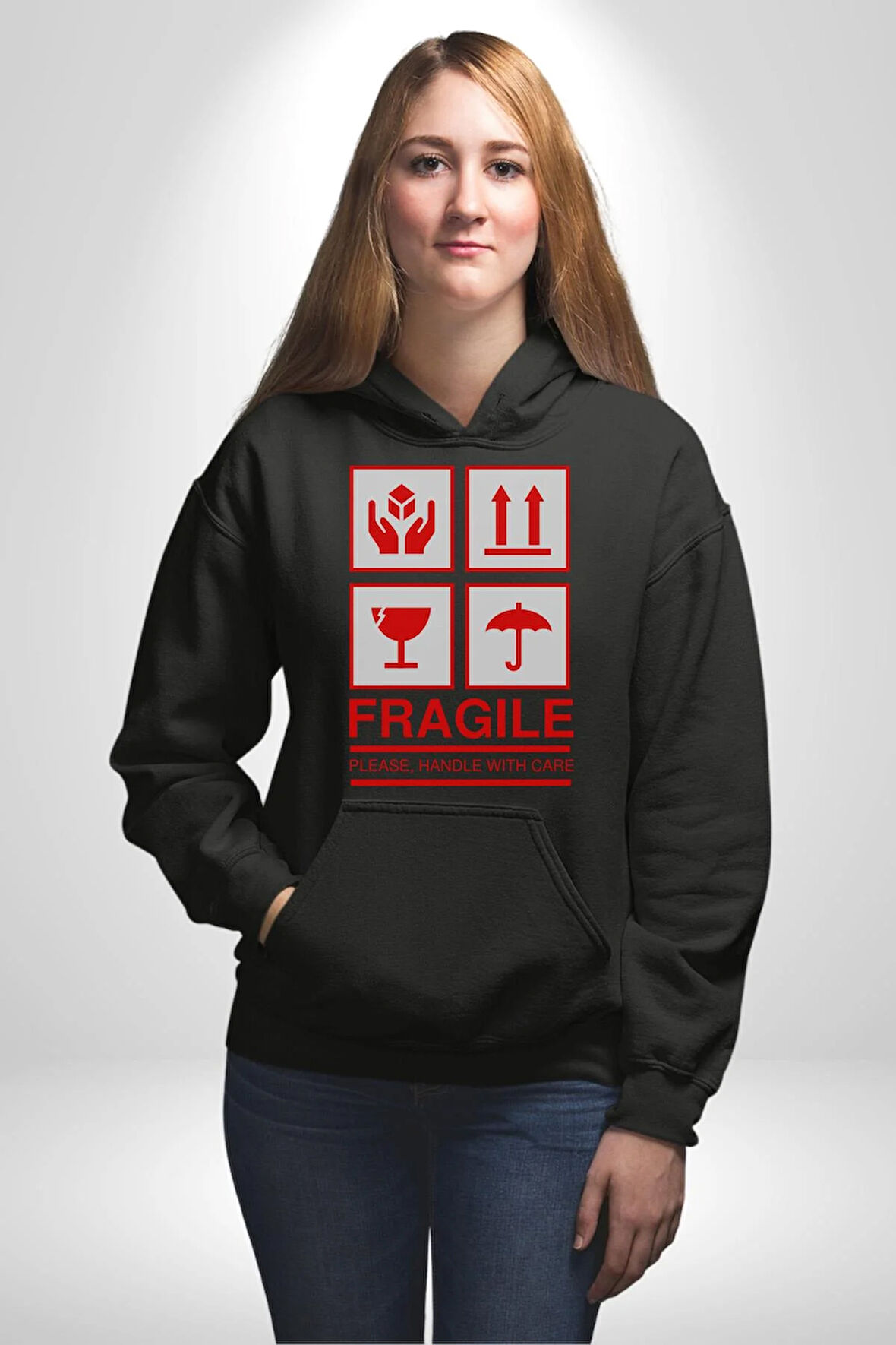 Kırılabilir - Dikkatli Taşıyınız İşareti Erkek Kadın Siyah Dijital Baskılı Kapüşonlu Sweatshirt Hoodie