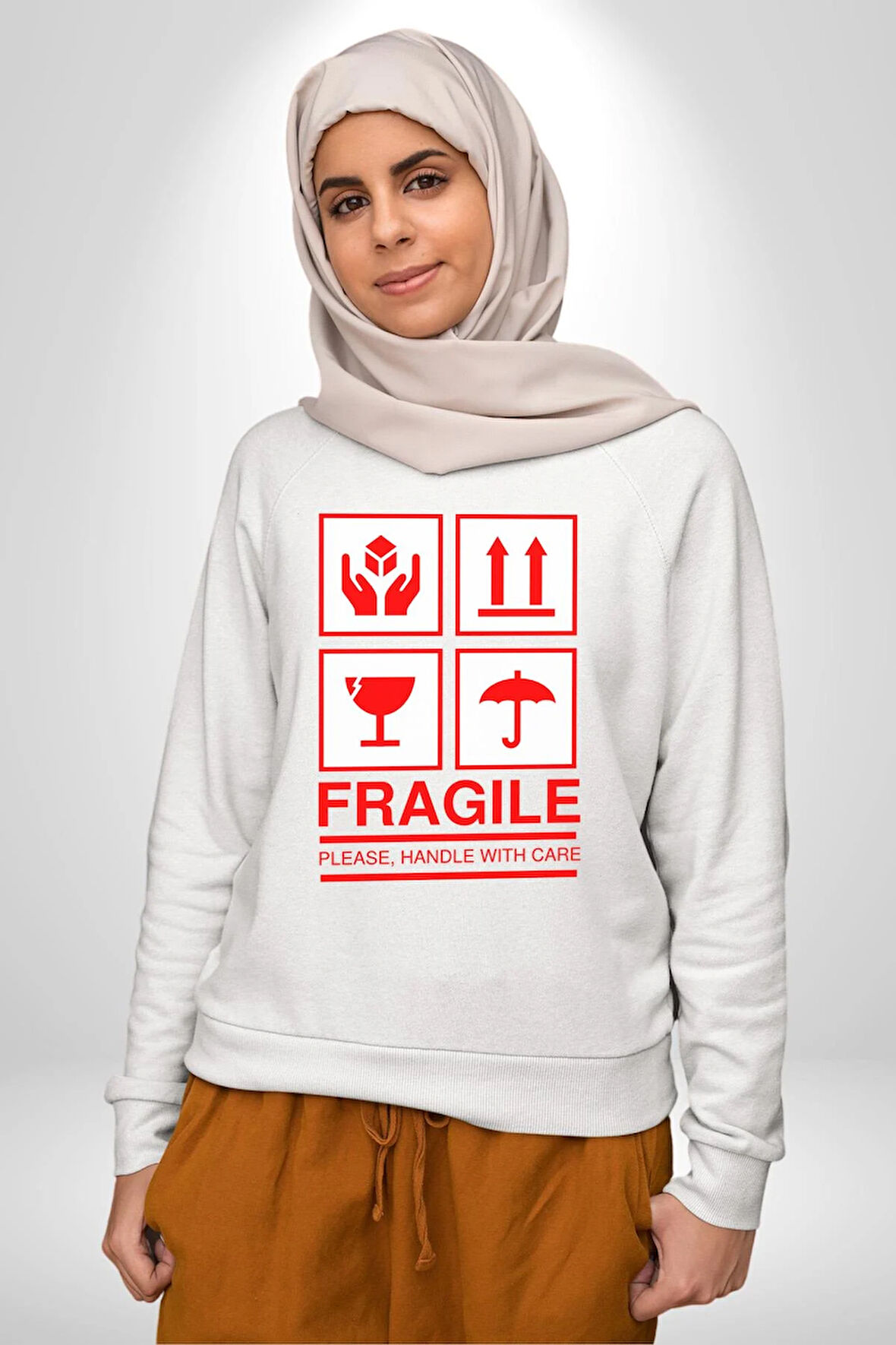 Kırılabilir - Dikkatli Taşıyınız İşareti Erkek Kadın Unisex Dijital Baskılı Beyaz Sweatshirt