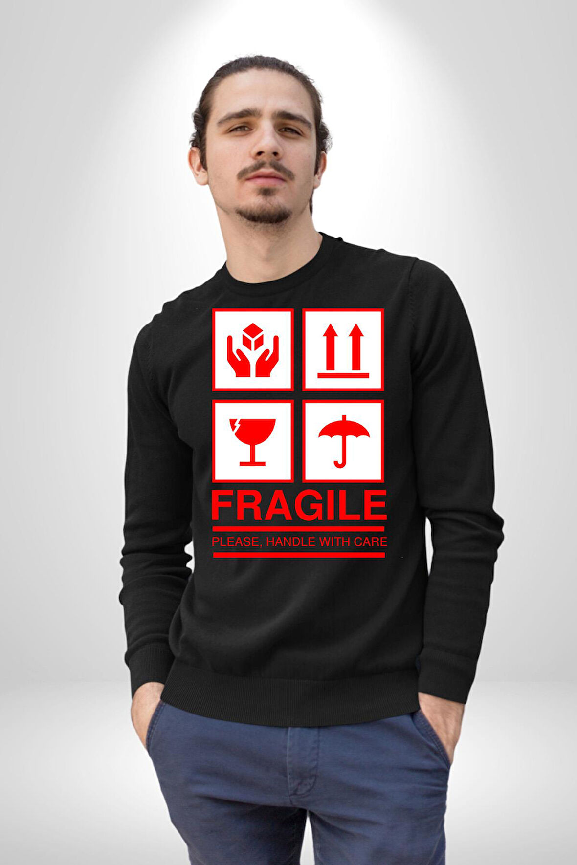 Kırılabilir - Dikkatli Taşıyınız İşareti Erkek Kadın Unisex Dijital Baskılı Siyah Sweatshirt