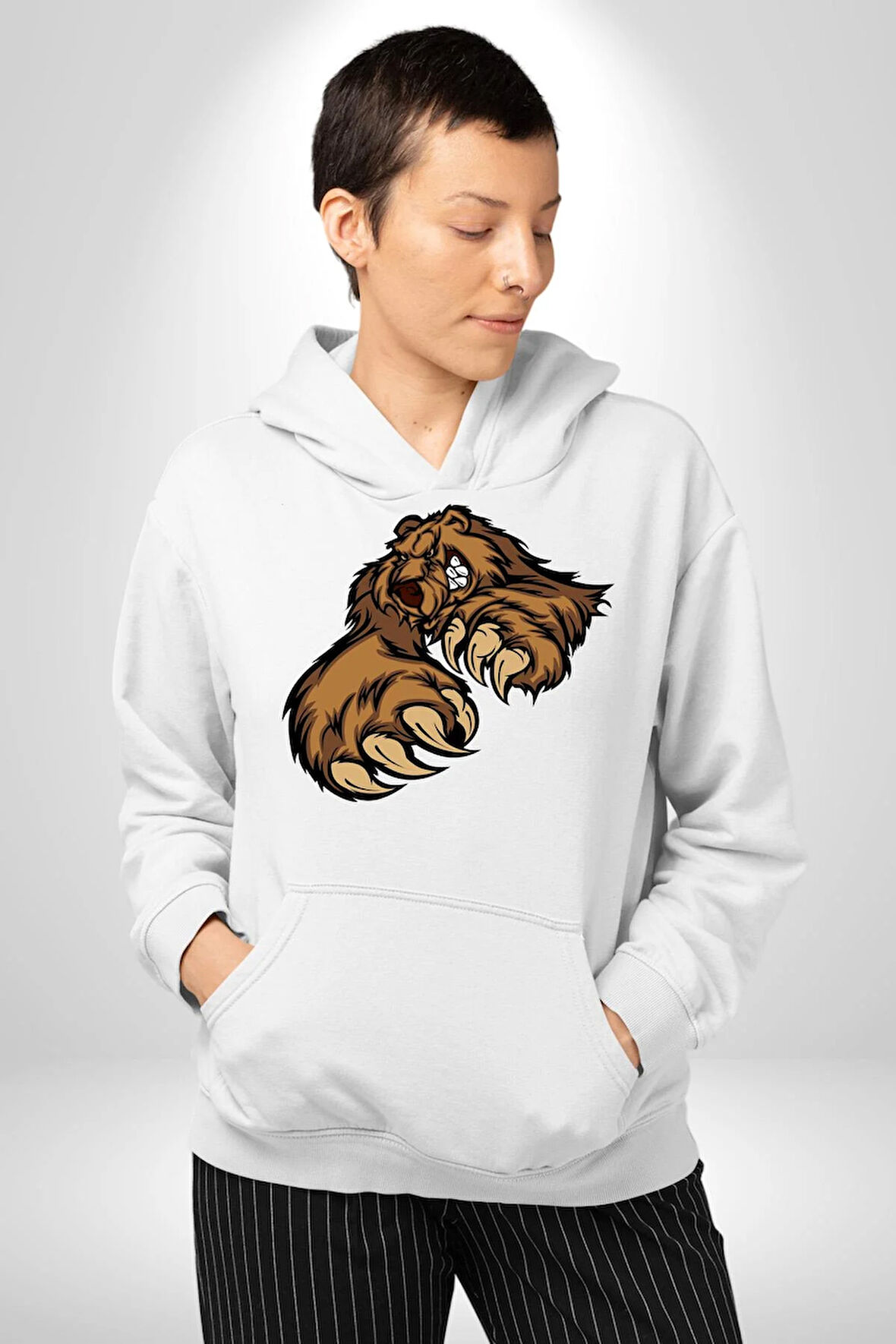 Öfkeli Ayı Pençesi - Güç ve Yırtıcılık Teması Erkek Kadın Beyaz Dijital Baskılı Kapüşonlu Sweatshirt Hoodie