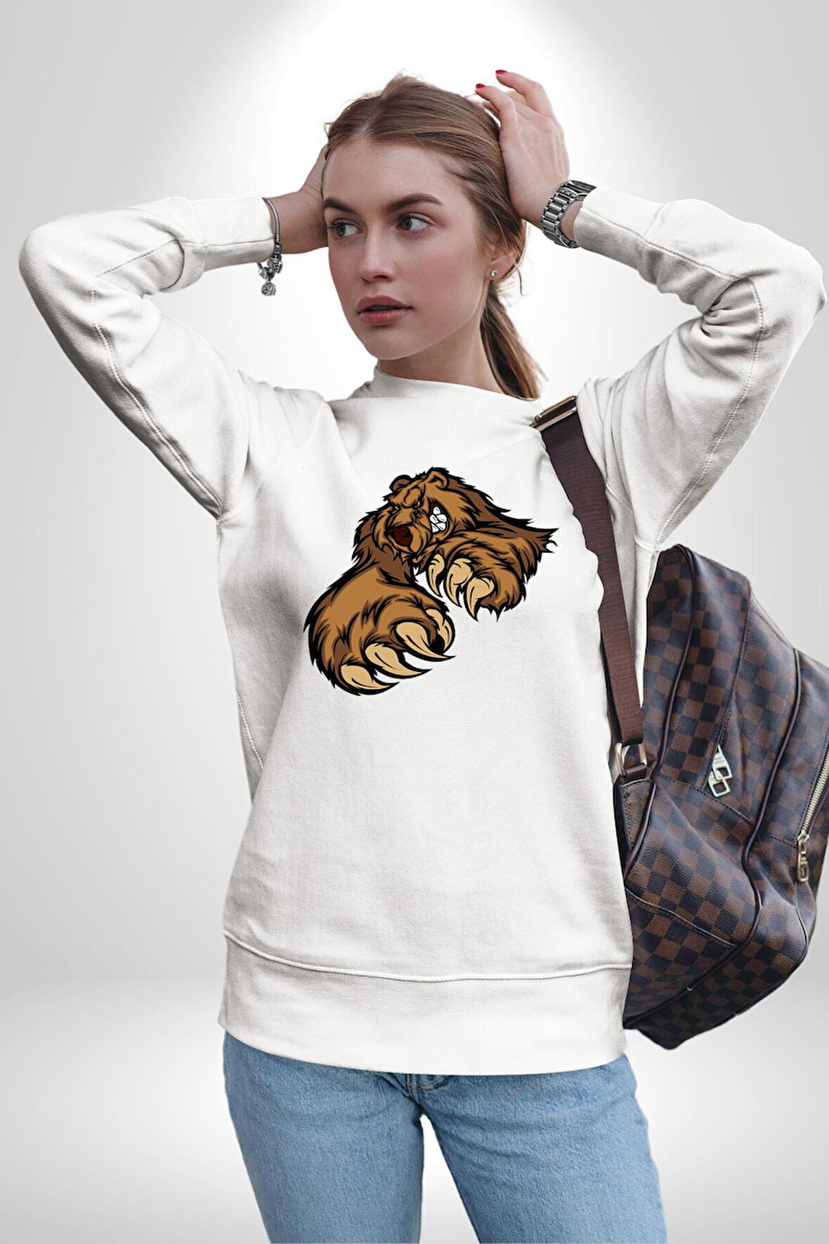 Öfkeli Ayı Pençesi - Güç ve Yırtıcılık Teması Erkek Kadın Unisex Dijital Baskılı Beyaz Sweatshirt