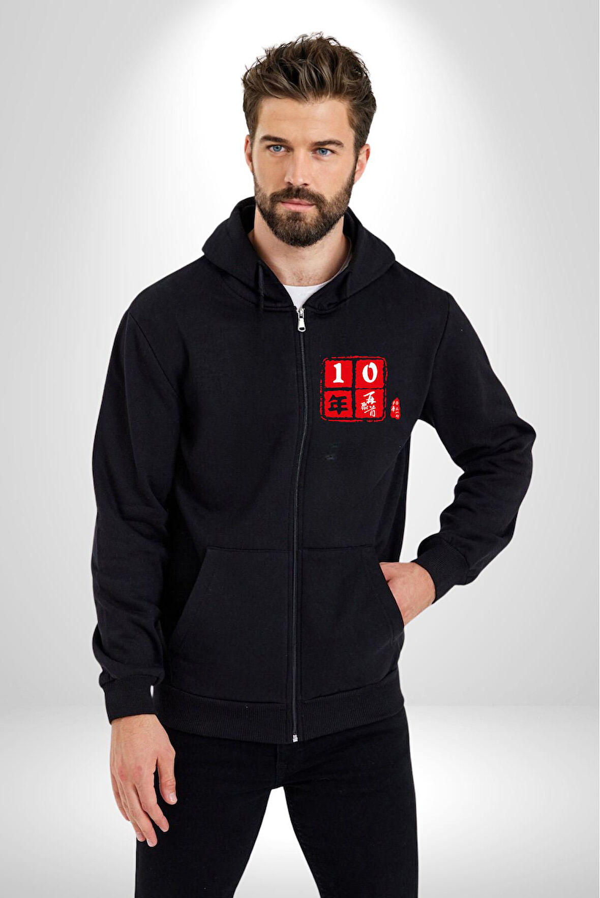 10 Yıl Anma Sembolü Erkek Kadın Siyah Fermuarlı Baskılı Hırka Sweatshirt