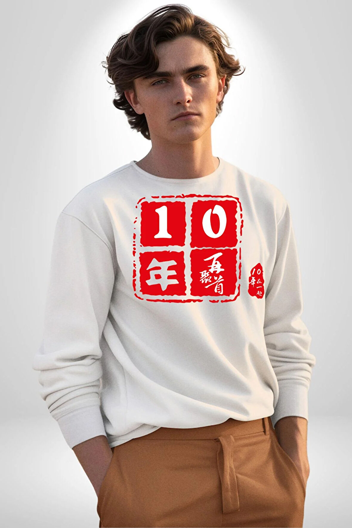 10 Yıl Anma Sembolü Erkek Kadın Unisex Dijital Baskılı Beyaz Sweatshirt