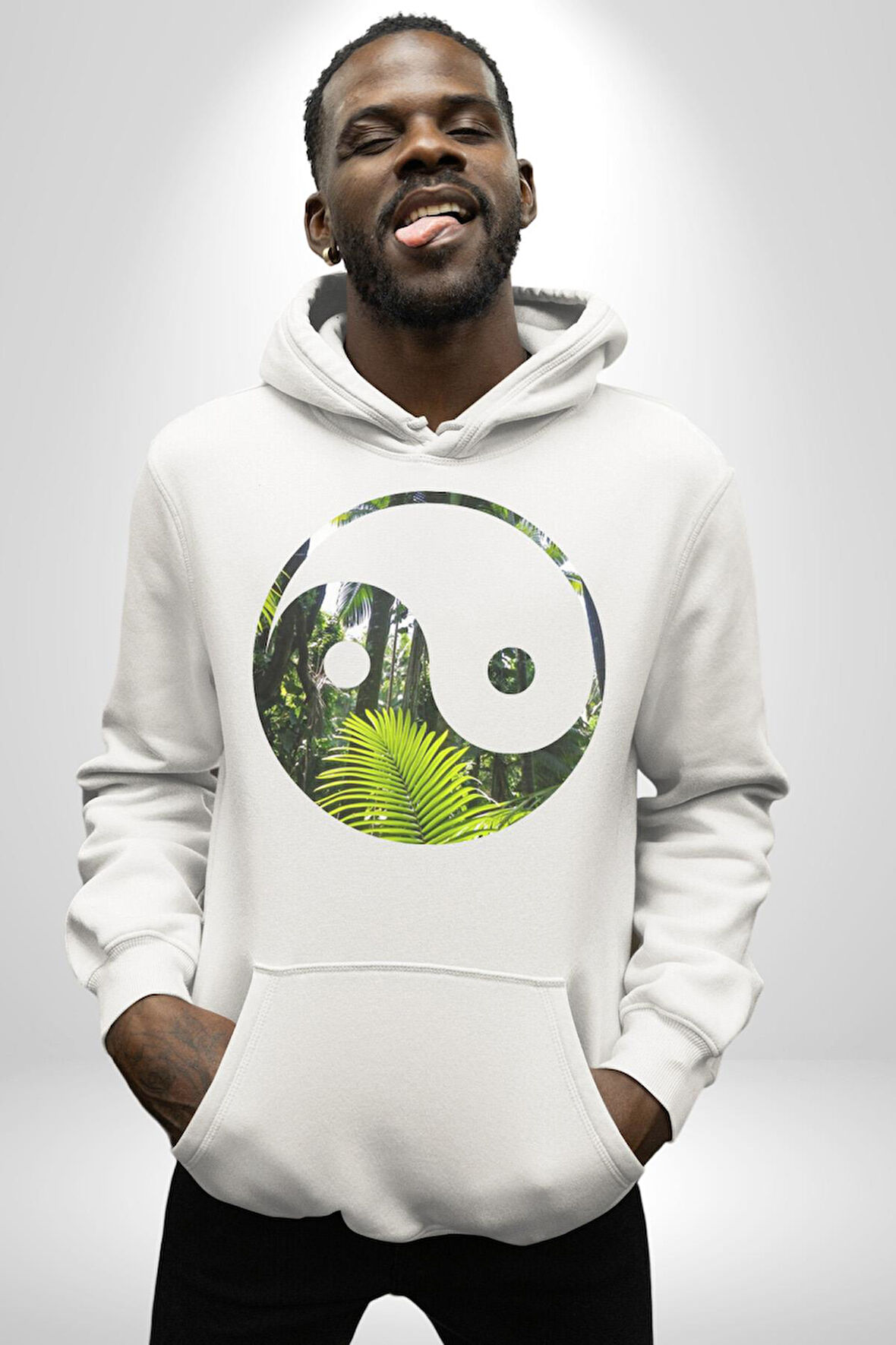 Doğa Silueti Erkek Kadın Beyaz Dijital Baskılı Kapüşonlu Sweatshirt Hoodie