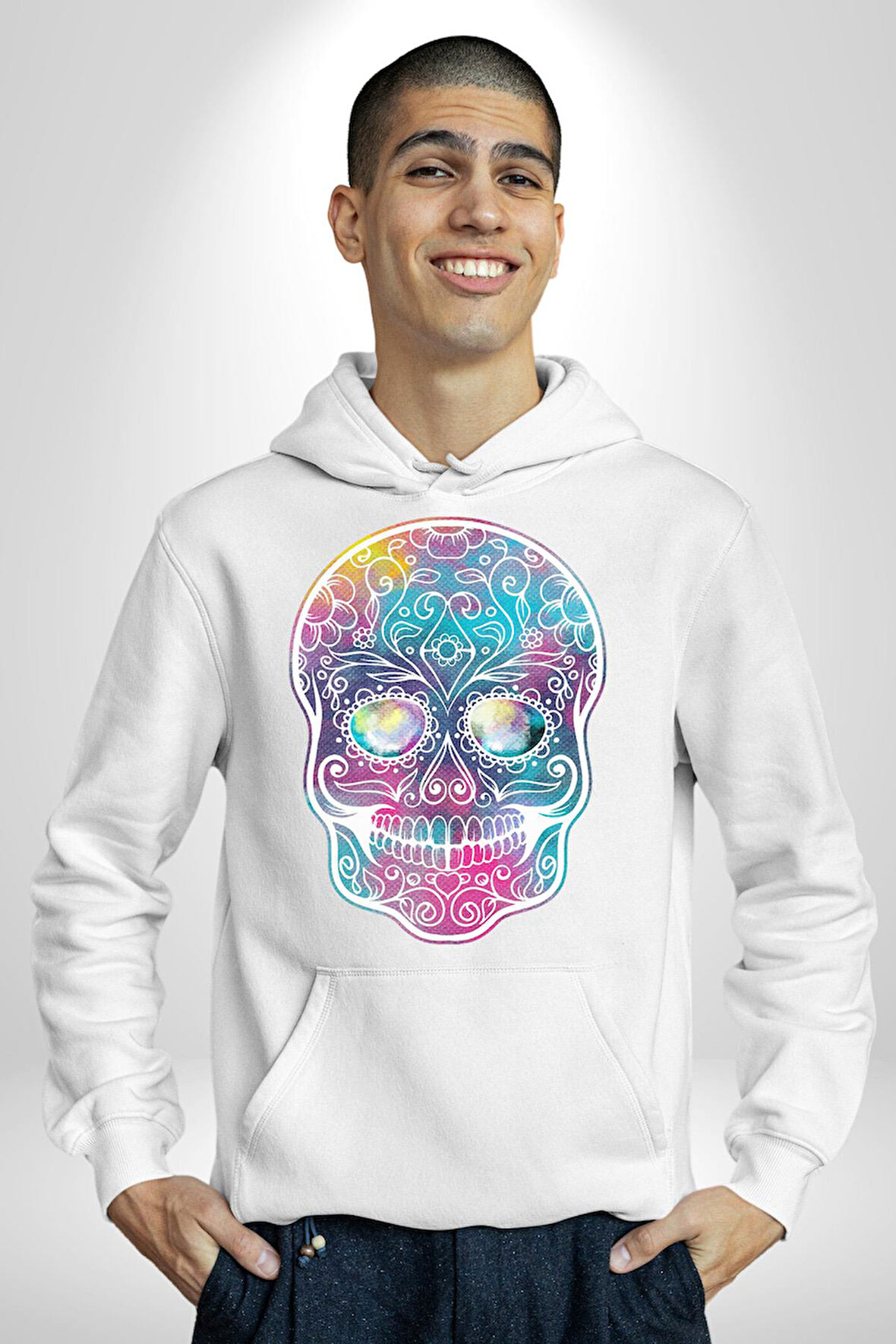 Şeker Kafatası (Day of the Dead) Erkek Kadın Beyaz Dijital Baskılı Kapüşonlu Sweatshirt Hoodie