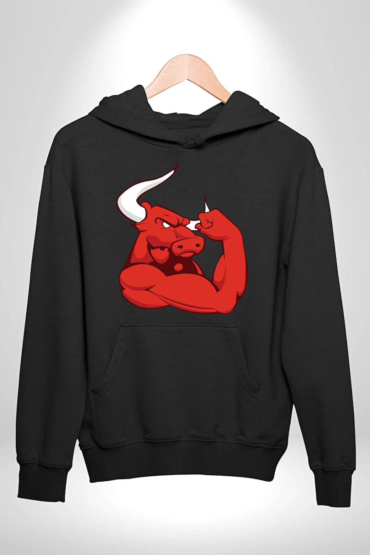 Kırmızı Boğa Maskotu Erkek Kadın Siyah Dijital Baskılı Kapüşonlu Sweatshirt Hoodie