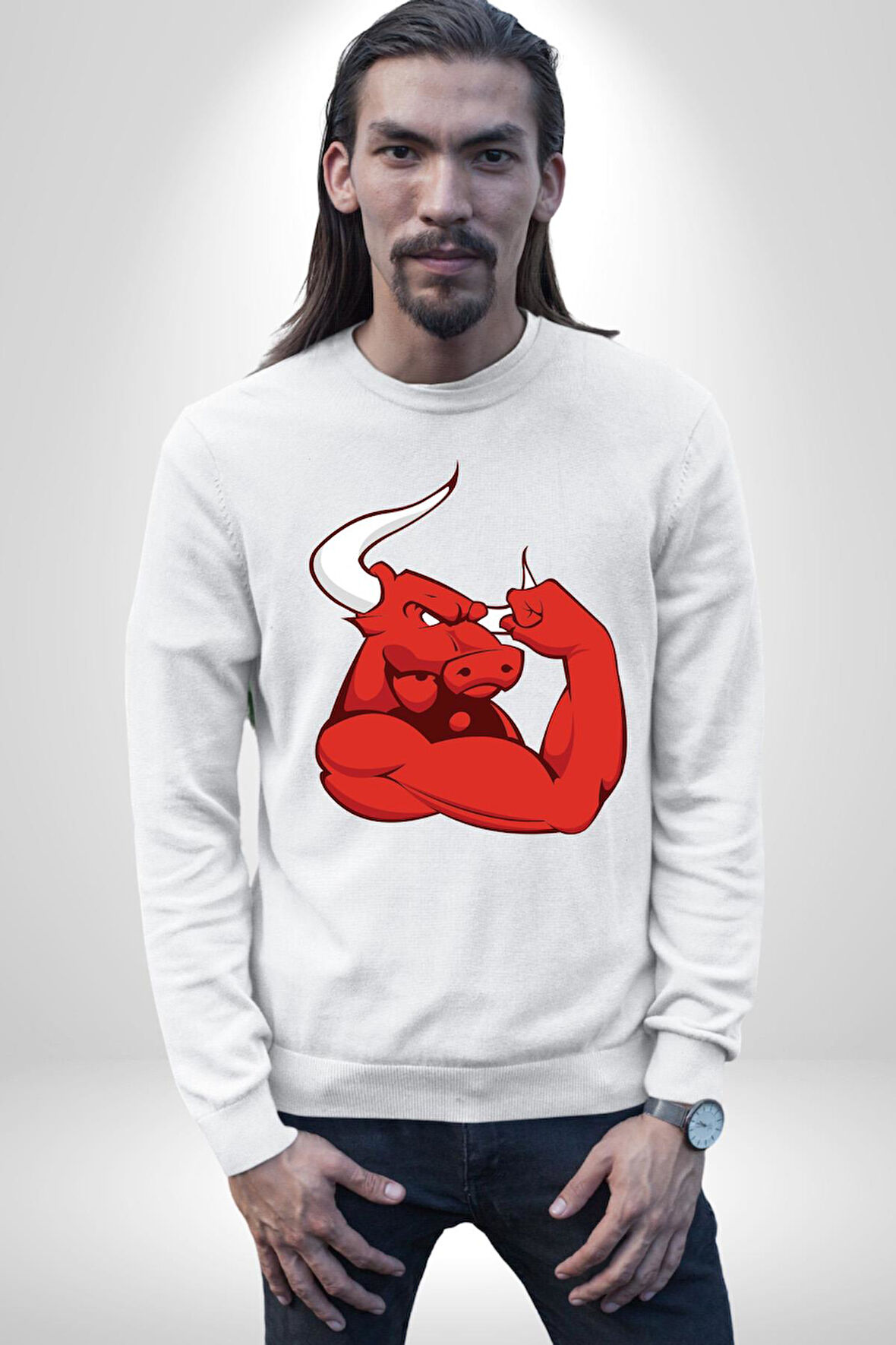 Kırmızı Boğa Maskotu Erkek Kadın Unisex Dijital Baskılı Beyaz Sweatshirt