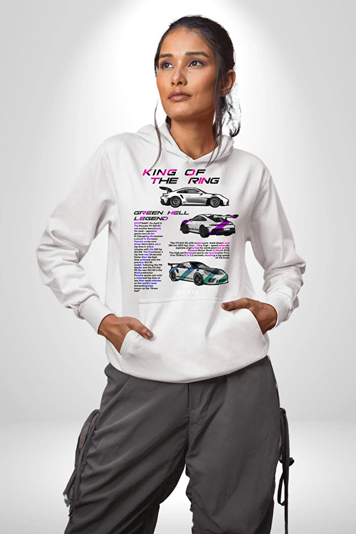 Porsche GT3 Koleksiyon Tasarımı Erkek Kadın Beyaz Dijital Baskılı Kapüşonlu Sweatshirt Hoodie
