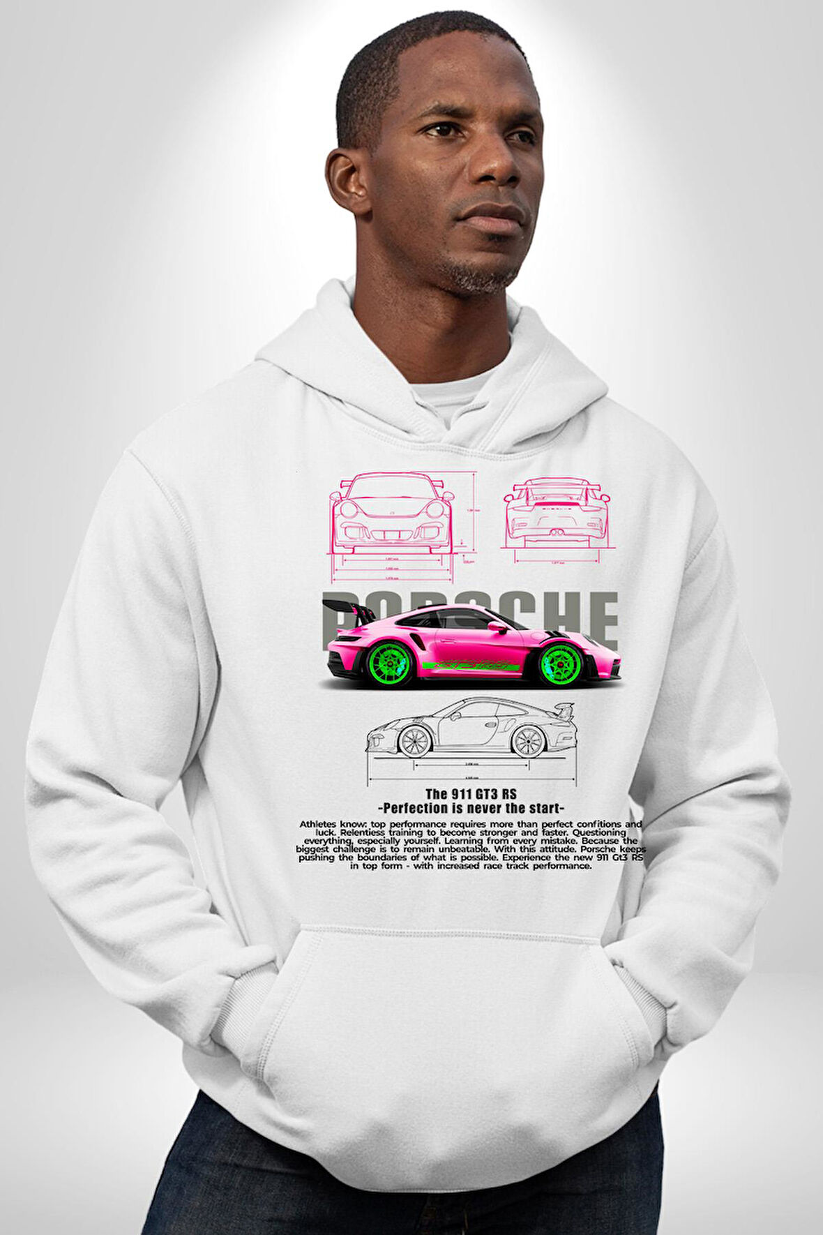 Porsche GT3 RS Tasarımı Erkek Kadın Beyaz Dijital Baskılı Kapüşonlu Sweatshirt Hoodie