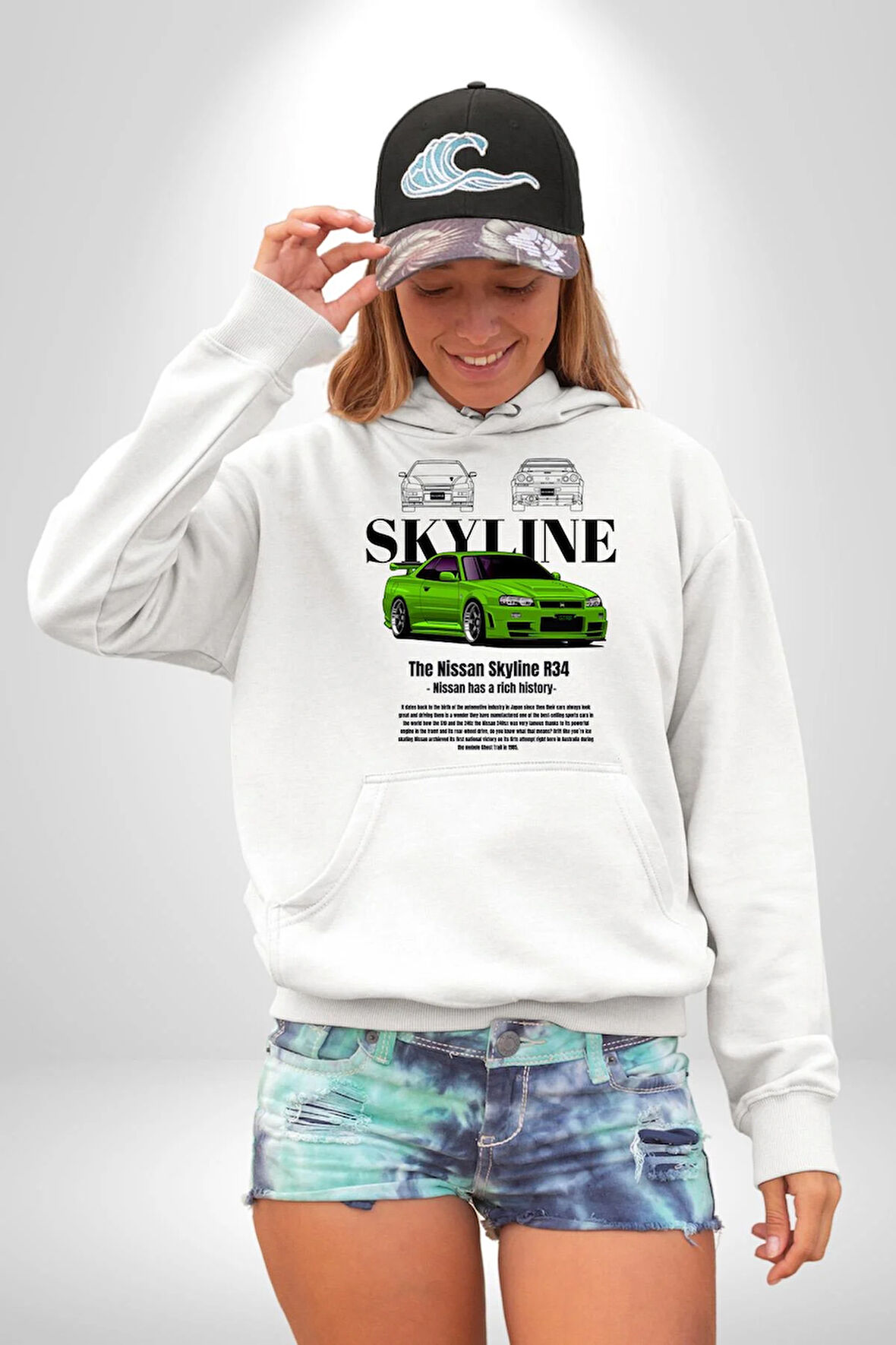 Nissan Skyline R34 Erkek Kadın Beyaz Dijital Baskılı Kapüşonlu Sweatshirt Hoodie