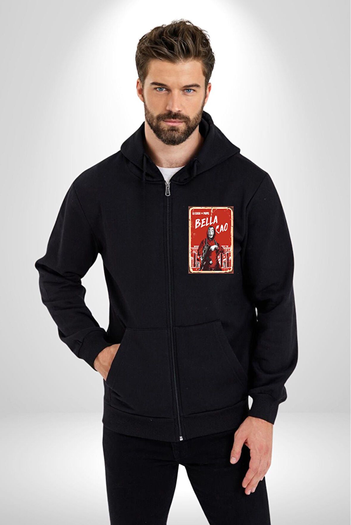 La Casa de Papel Bella Cao Dizi Serisi Erkek Kadın Siyah Fermuarlı Baskılı Hırka Sweatshirt