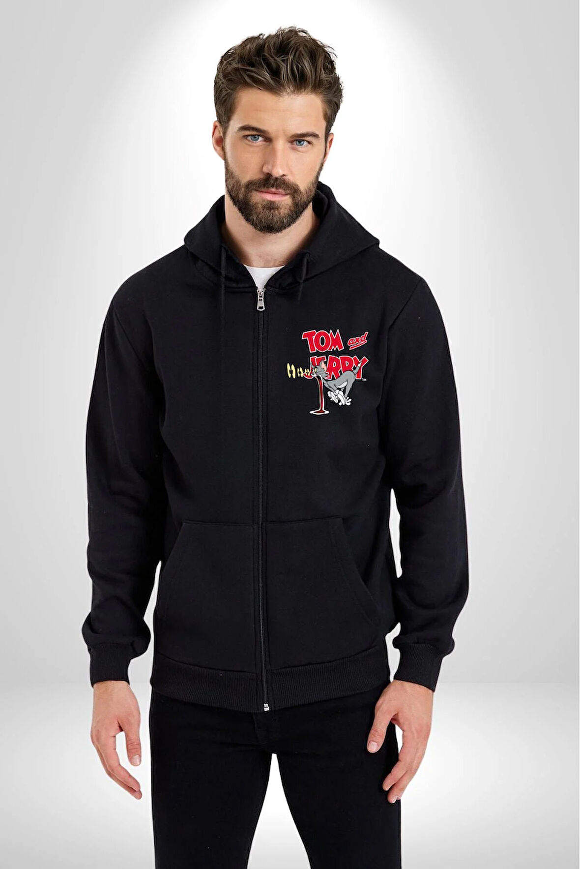 Tom and Jerry Şaşkın Bakış Çizgi Film Erkek Kadın Siyah Fermuarlı Baskılı Hırka Sweatshirt