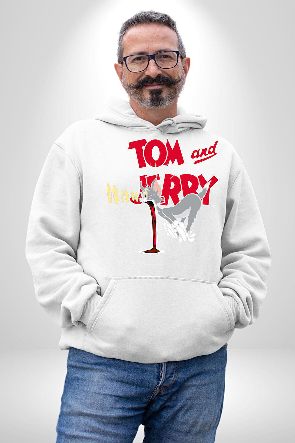 Tom and Jerry Şaşkın Bakış Çizgi Film Erkek Kadın Beyaz Dijital Baskılı Kapüşonlu Sweatshirt Hoodie
