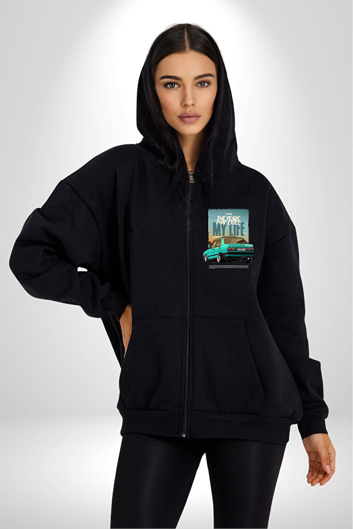 Hatıraları Canlandıran Tofaş Efsanesi! Erkek Kadın Siyah Fermuarlı Baskılı Hırka Sweatshirt