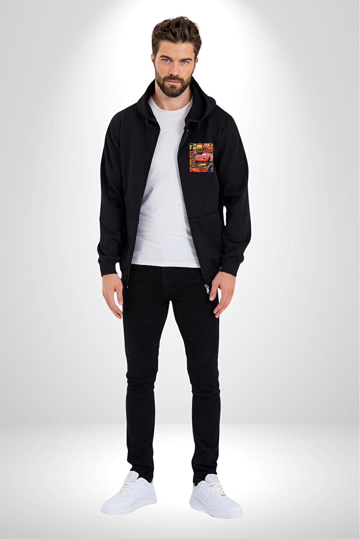 Şimşek McQueen ile Pistlerin Kralı Olun! Erkek Kadın Siyah Fermuarlı Baskılı Hırka Sweatshirt