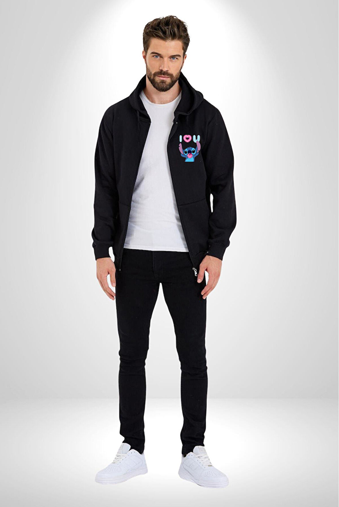 Stitch'in Baloncuk Sevgisiyle Renkli Anlar! Erkek Kadın Siyah Fermuarlı Baskılı Hırka Sweatshirt