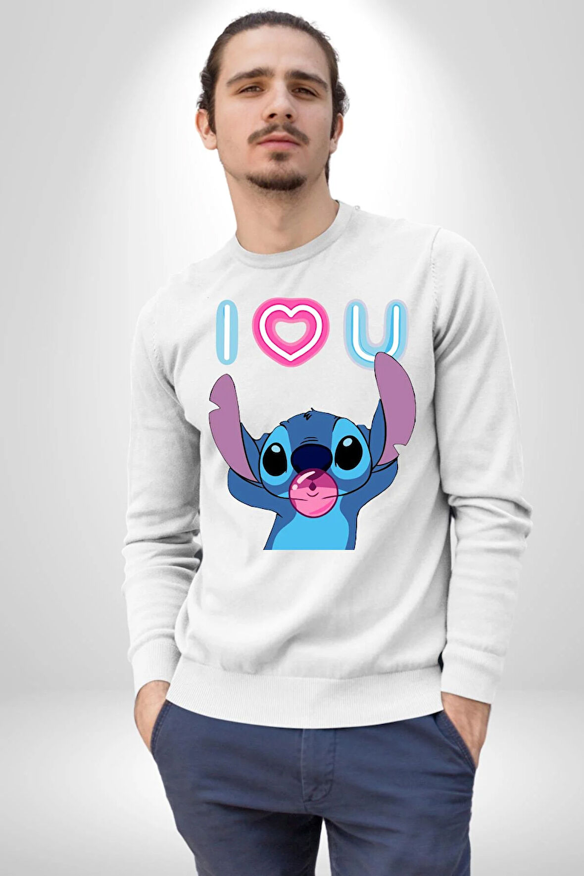 Stitch'in Baloncuk Sevgisiyle Renkli Anlar! Erkek Kadın Unisex Dijital Baskılı Beyaz Sweatshirt