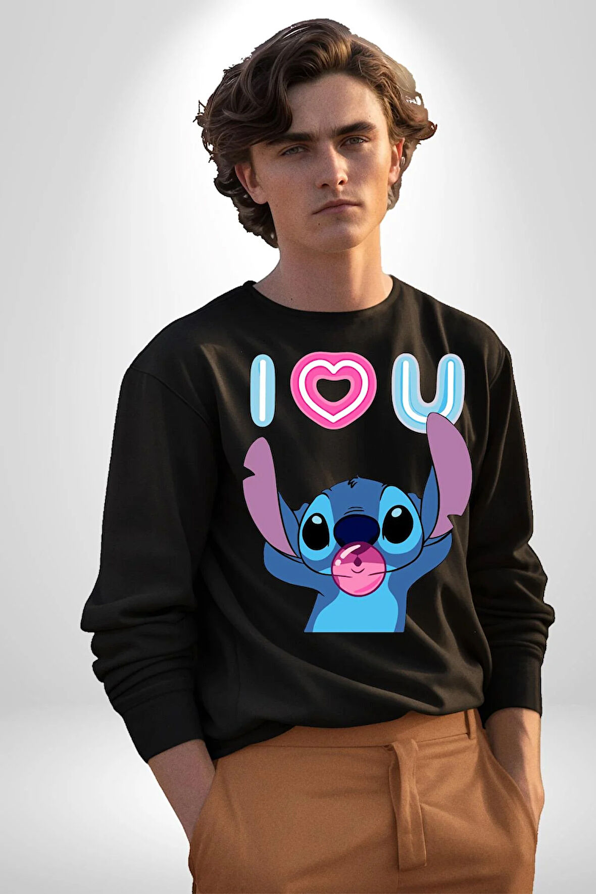 Stitch'in Baloncuk Sevgisiyle Renkli Anlar! Erkek Kadın Unisex Dijital Baskılı Siyah Sweatshirt