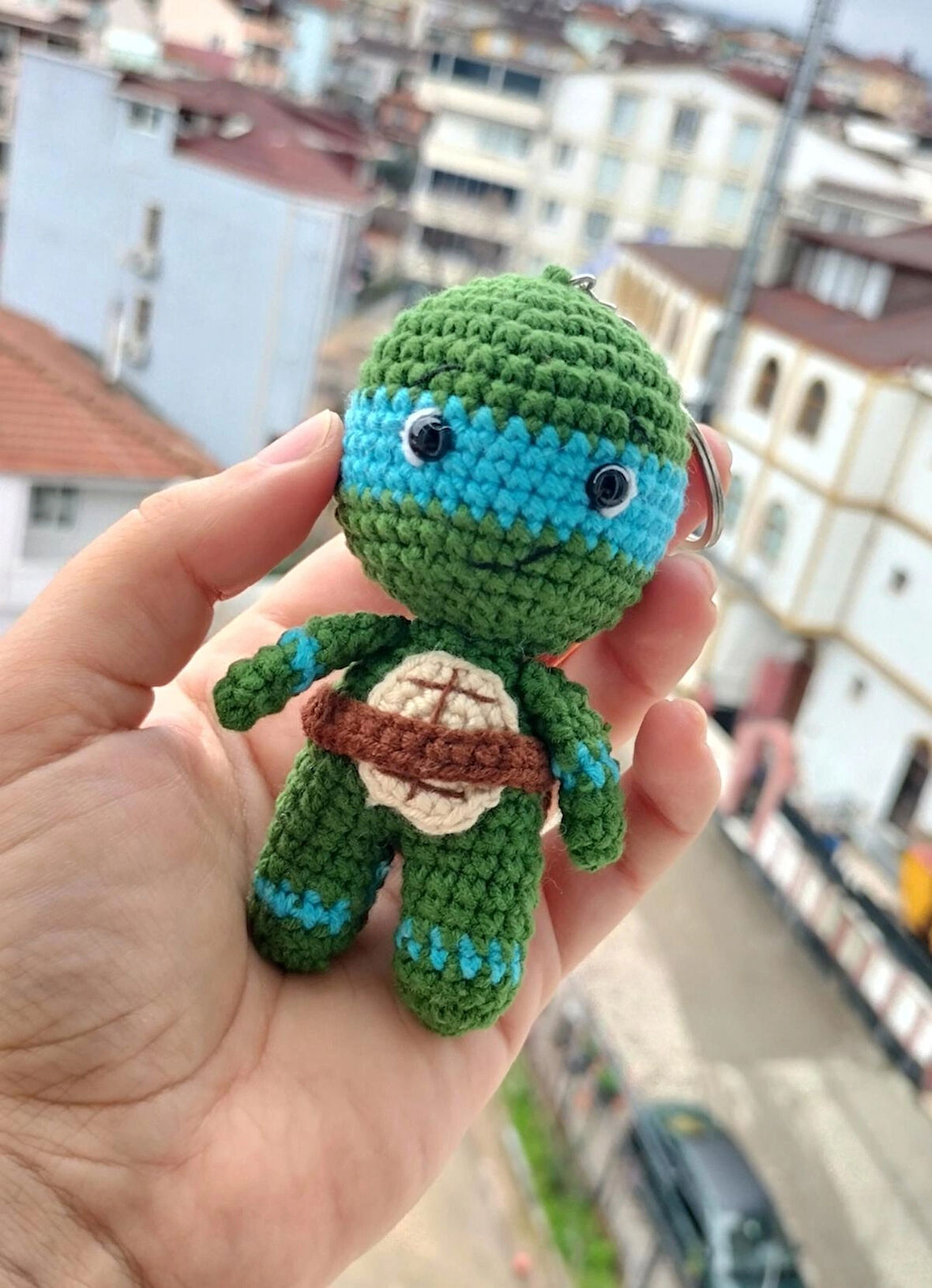 Amigurumi ninja kaplumbağa Leonardo mavi karakter anahtarlık oyuncak 