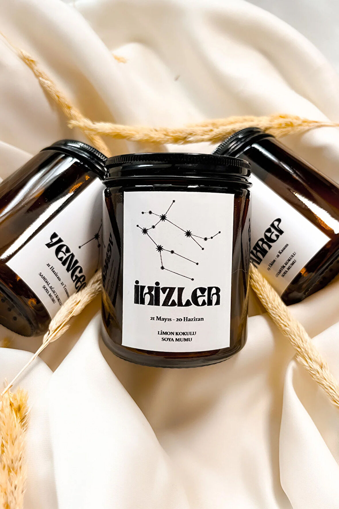 İkizler Burcu Limon Kokulu %100 Soya Mumu Amber Kavanoz Mum
