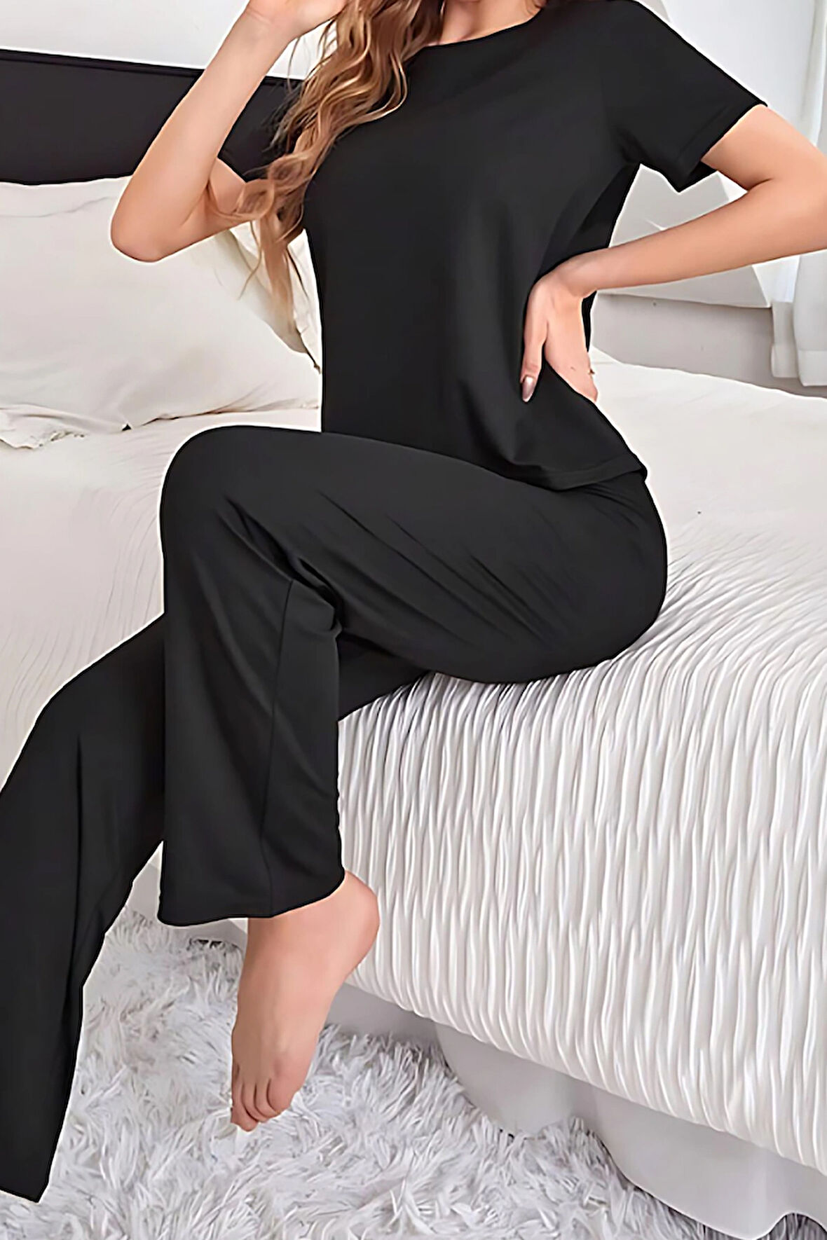 Raew Pijama Takımı Kısa Kollu Ultra Soft Ring Viskon Siyah