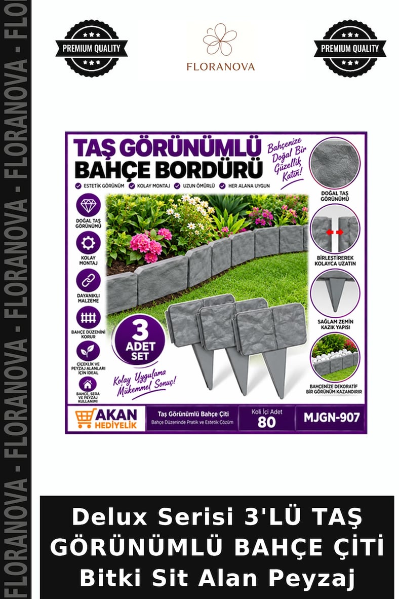 Delux Serisi 3'LÜ TAŞ GÖRÜNÜMLÜ BAHÇE ÇİTİ Bitki Sit Alan Peyzaj