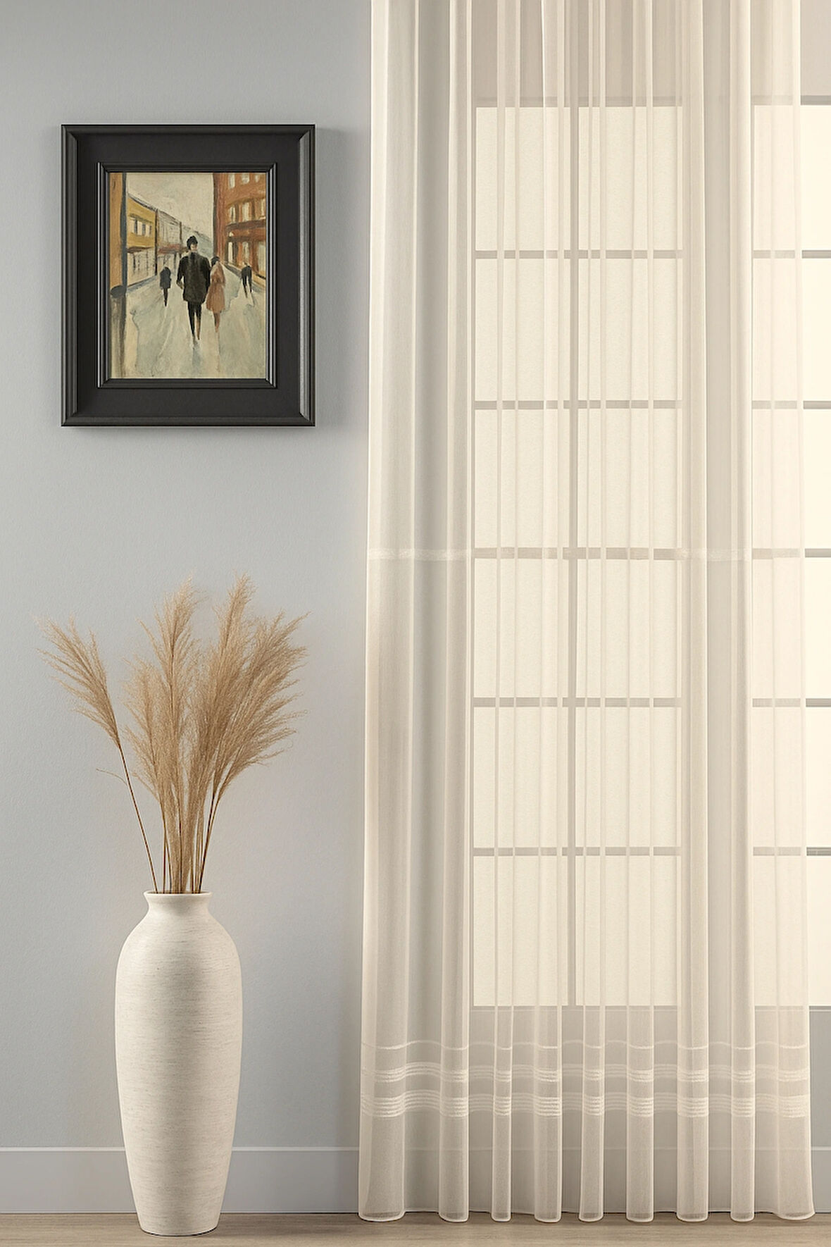 Şerit Desenli Panama Keteni - Bej - Pileli Dikim 1x2,5 Pile