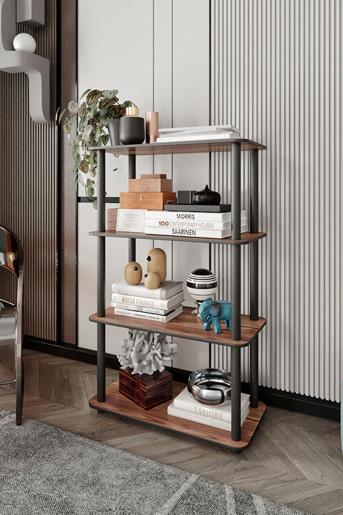 Ravilo 4 Katlı Dekoratif Diktörtgen Kitaplık Ceviz