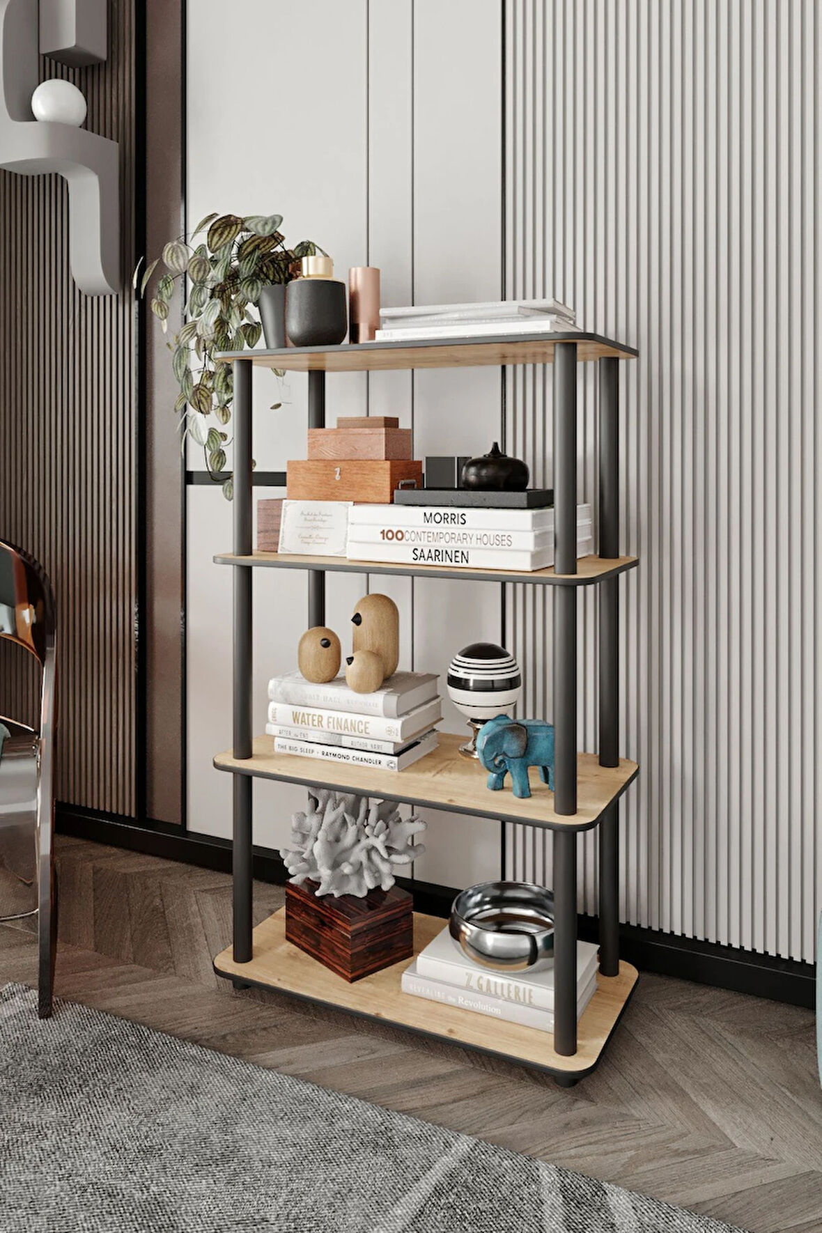 Ravilo 4 Katlı Dekoratif Diktörtgen Kitaplık Meşe