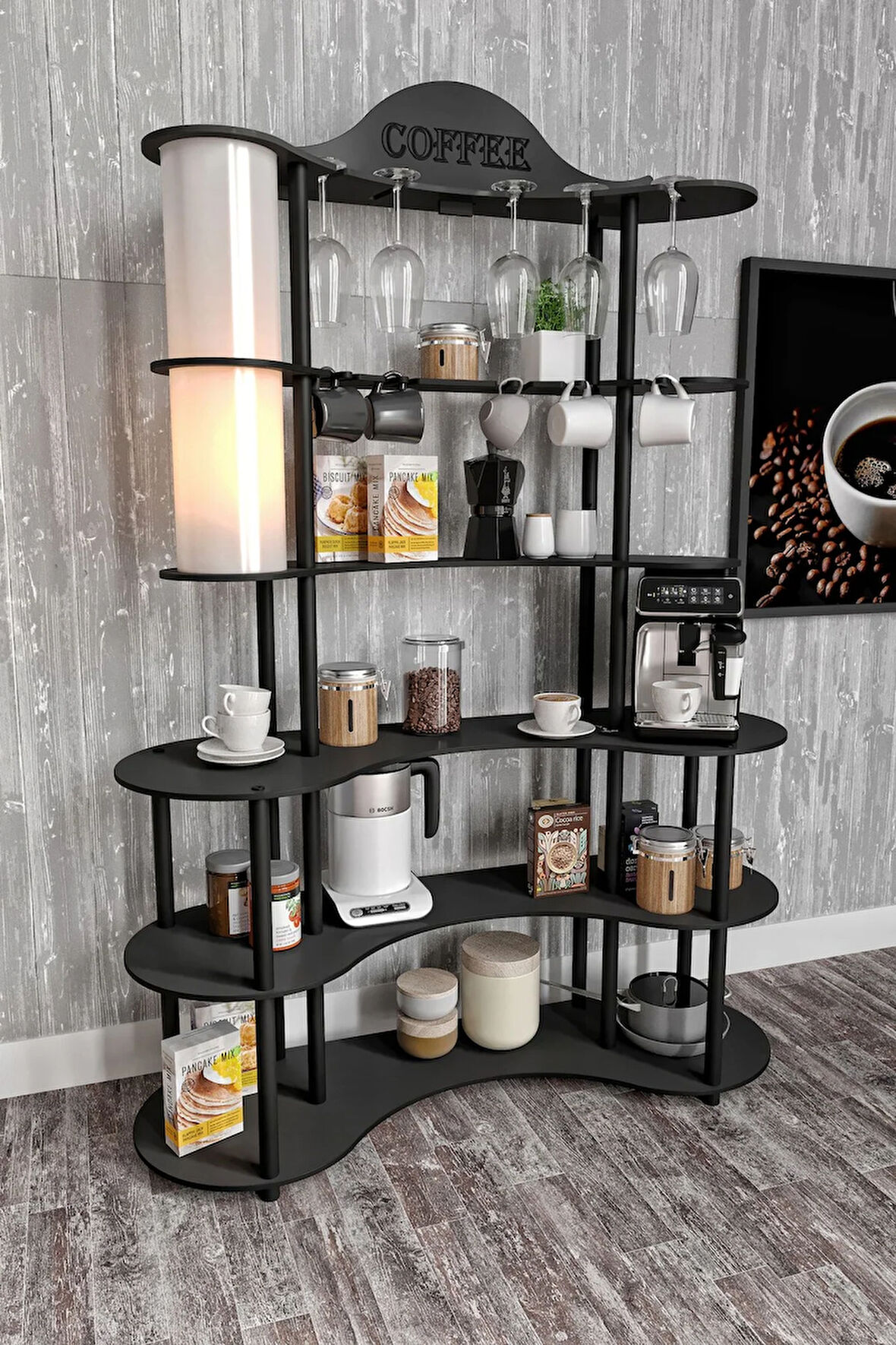 Ravilo Brew Bliss Kahve Köşesi Lambaderli Raf Siyah