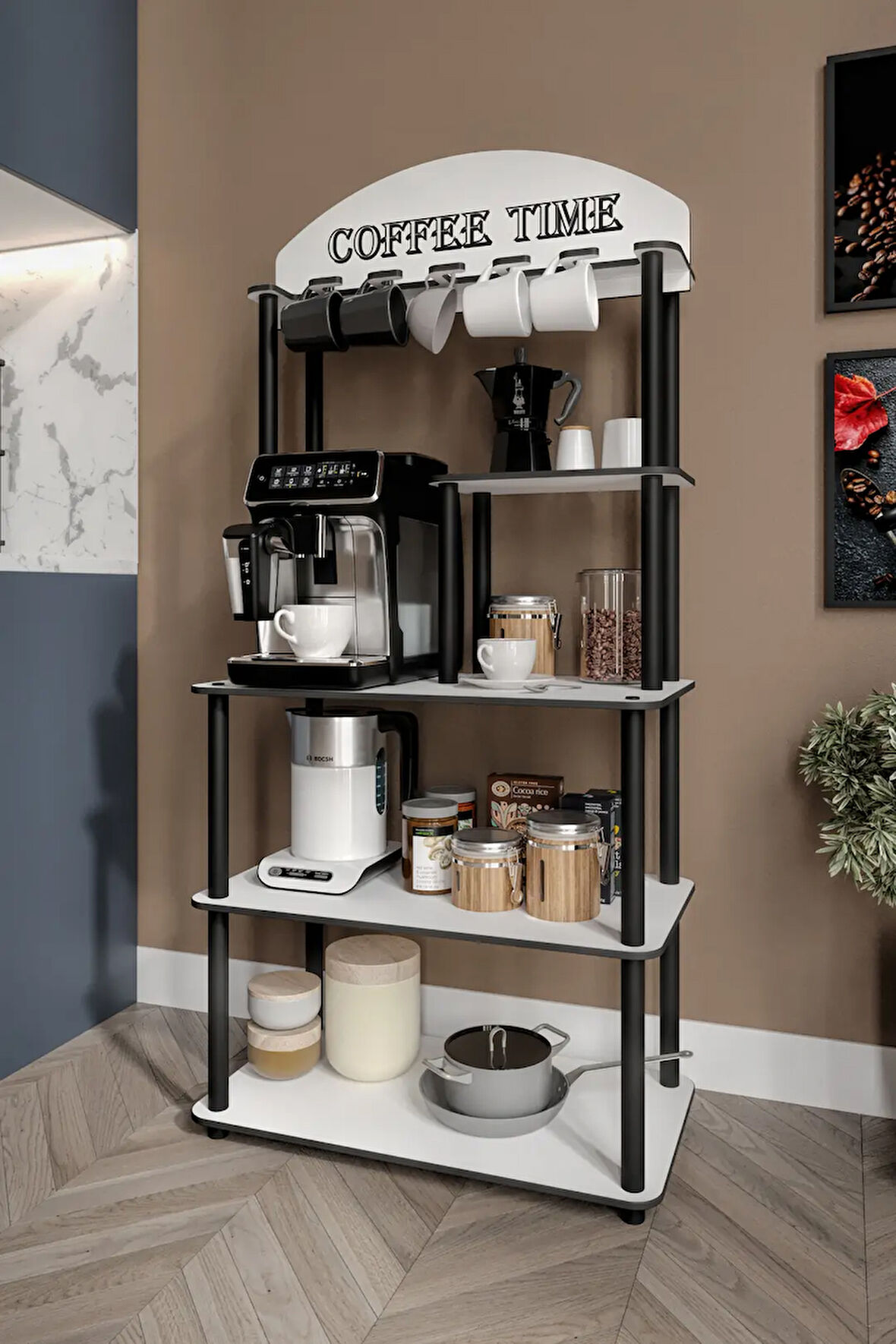 Ravilo Coffee Time Dekoratif Kahve Standı Çok Amaçlı Dolap Beyaz