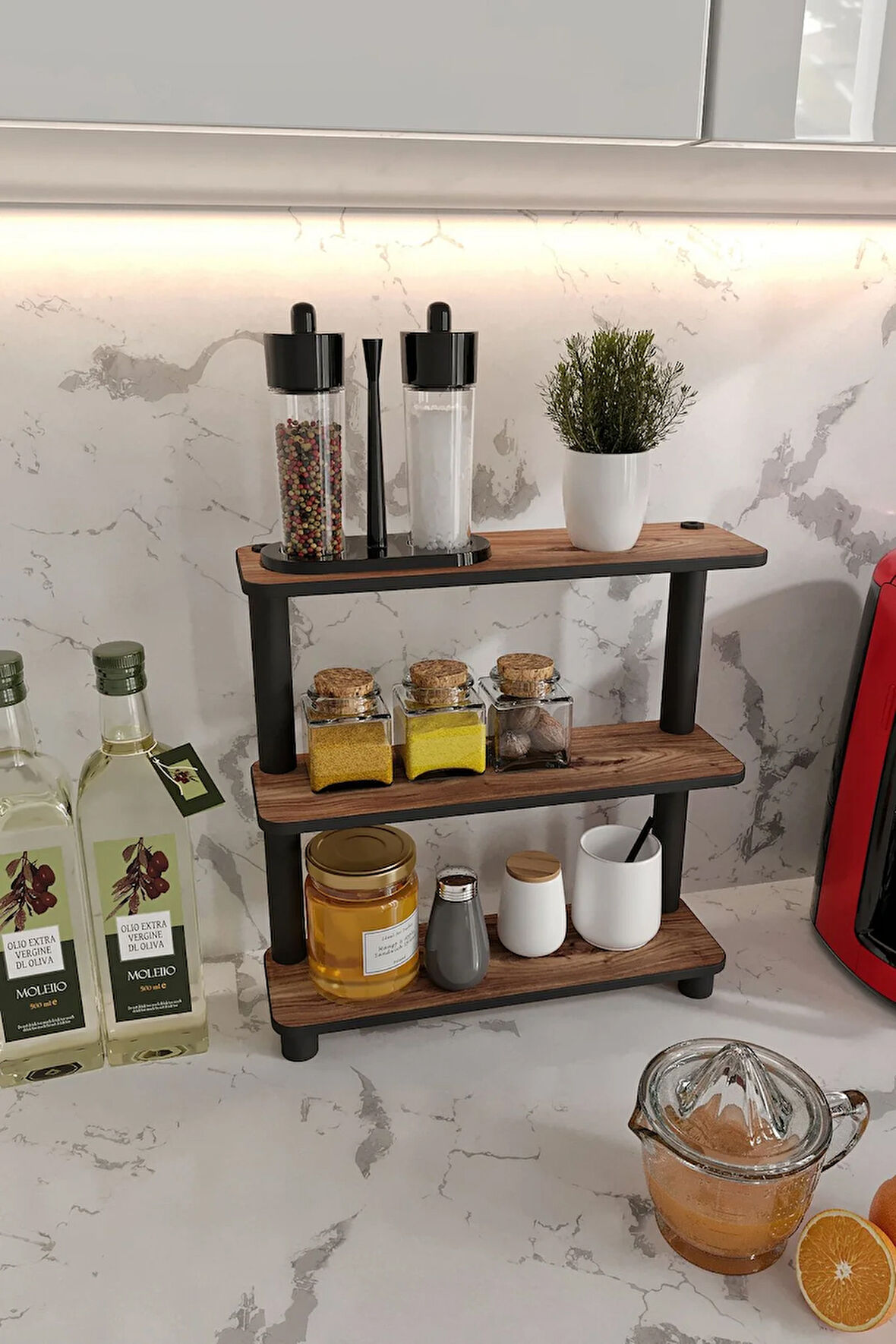 Ravilo Tezgah Üstü 3 Katlı Dikdörtgen Dekoratif Raf Ceviz