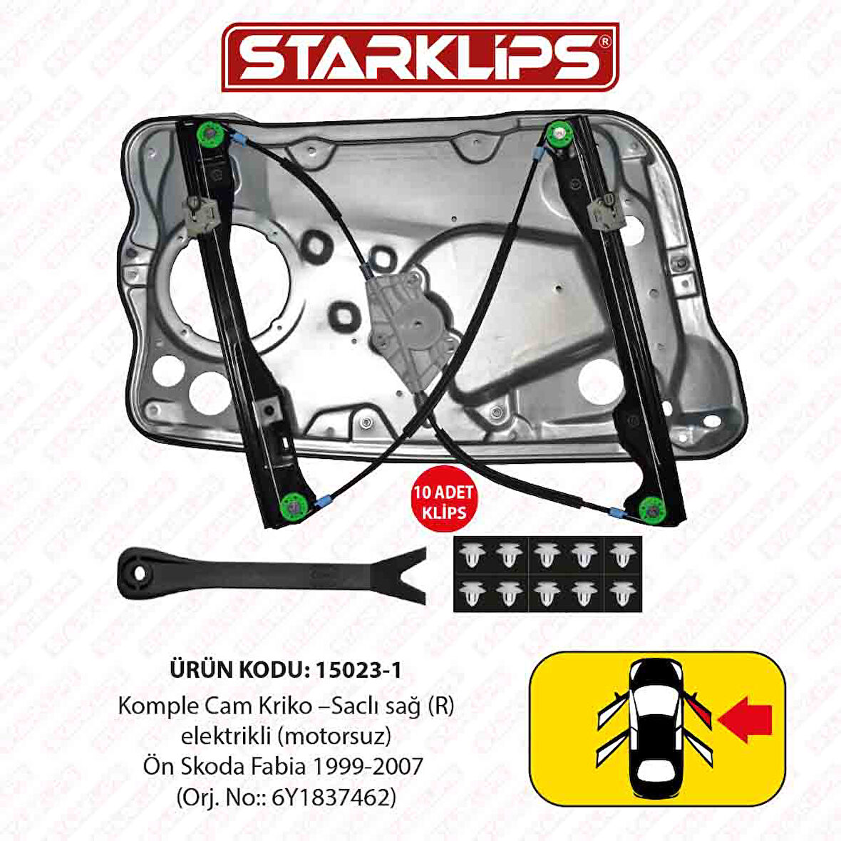 Skoda Fabia 1999-2007 Sağ Ön Cam Kriko Kızaklı Saçlı (6Y1837462)
