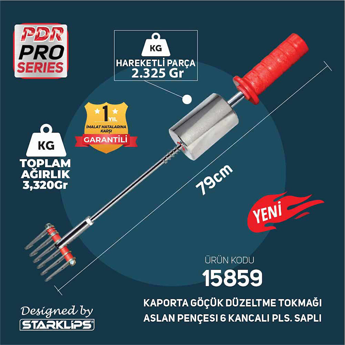 Set Pdr Kaporta Göçük Düzeltme Tokmağı Çift Yönlü Aslan Pençesi 6 Kancalı Plastik Saplı 3,320Kg 79cm