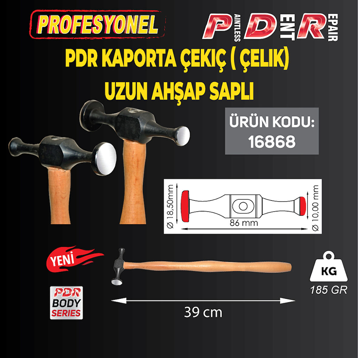 PDR Kaporta Çekiç ( Çelik) Uzun Ahşap Sap