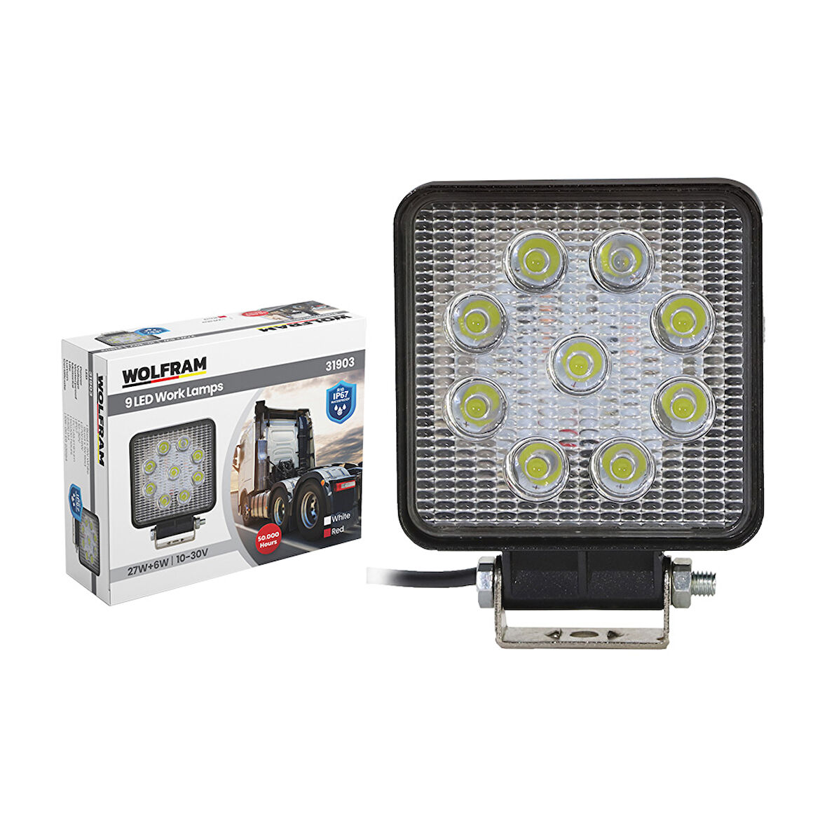 Çalışma Lambası Led 12/24V 27W 9 Led Beyaz ve Kıırmızı E Belgeli Wolfram