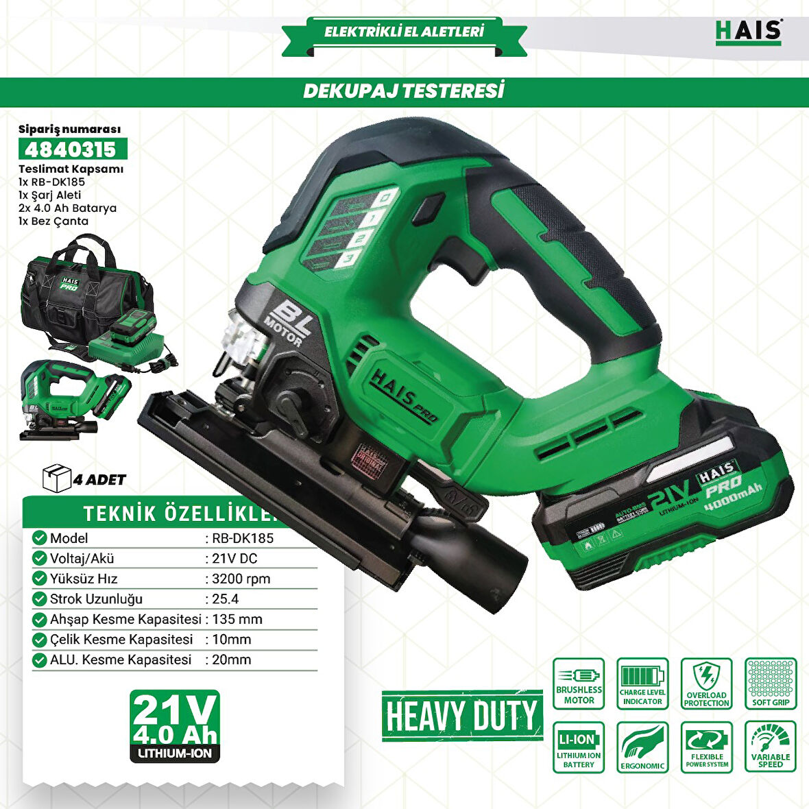 HaisPro Akülü Dekupaj Testeresi RB-DK185 Çift Akülü