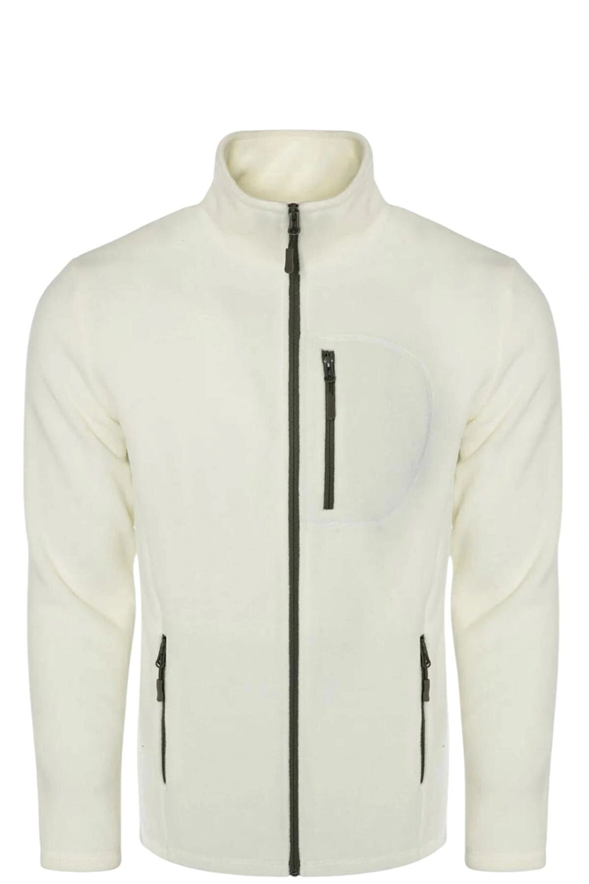 Unisex Beyaz Polar Standart Tam Fermuarlı 3 Cepli Polar Hırka