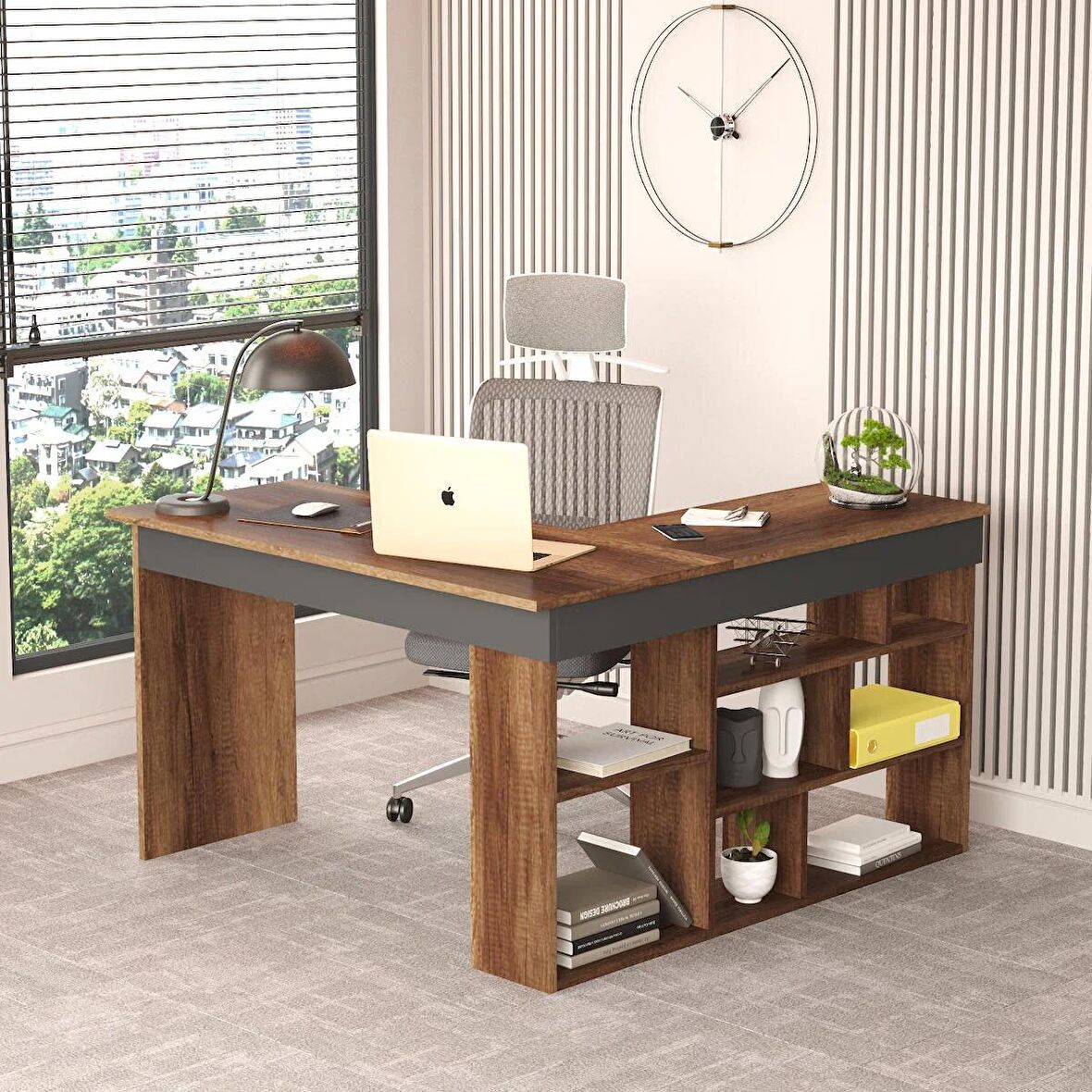 Robin Home Boston Kitaplık Raflı Çalışma Masası L Masa Ofis Çalışma Masası Barok-Antrasit