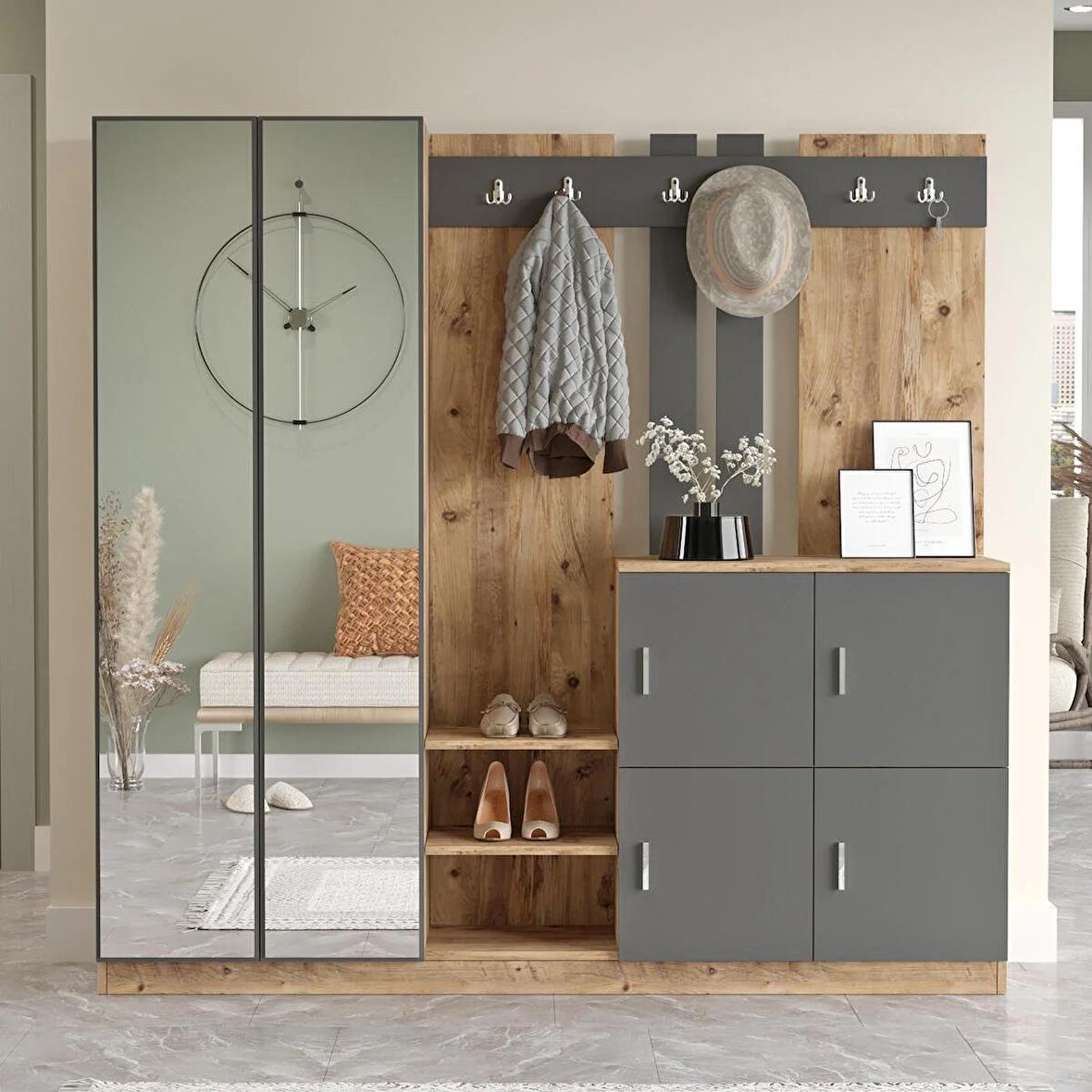 Robin Home Nova Vestiyer Portmanto Ayakkabılık Çam-gri