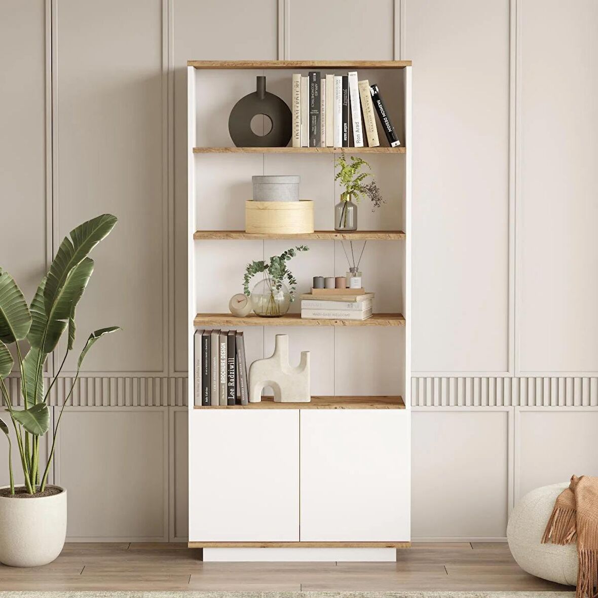 Robin Home Loft Kitaplık Raf 2 Kapaklı Raflı 168cm Çam-Beyaz