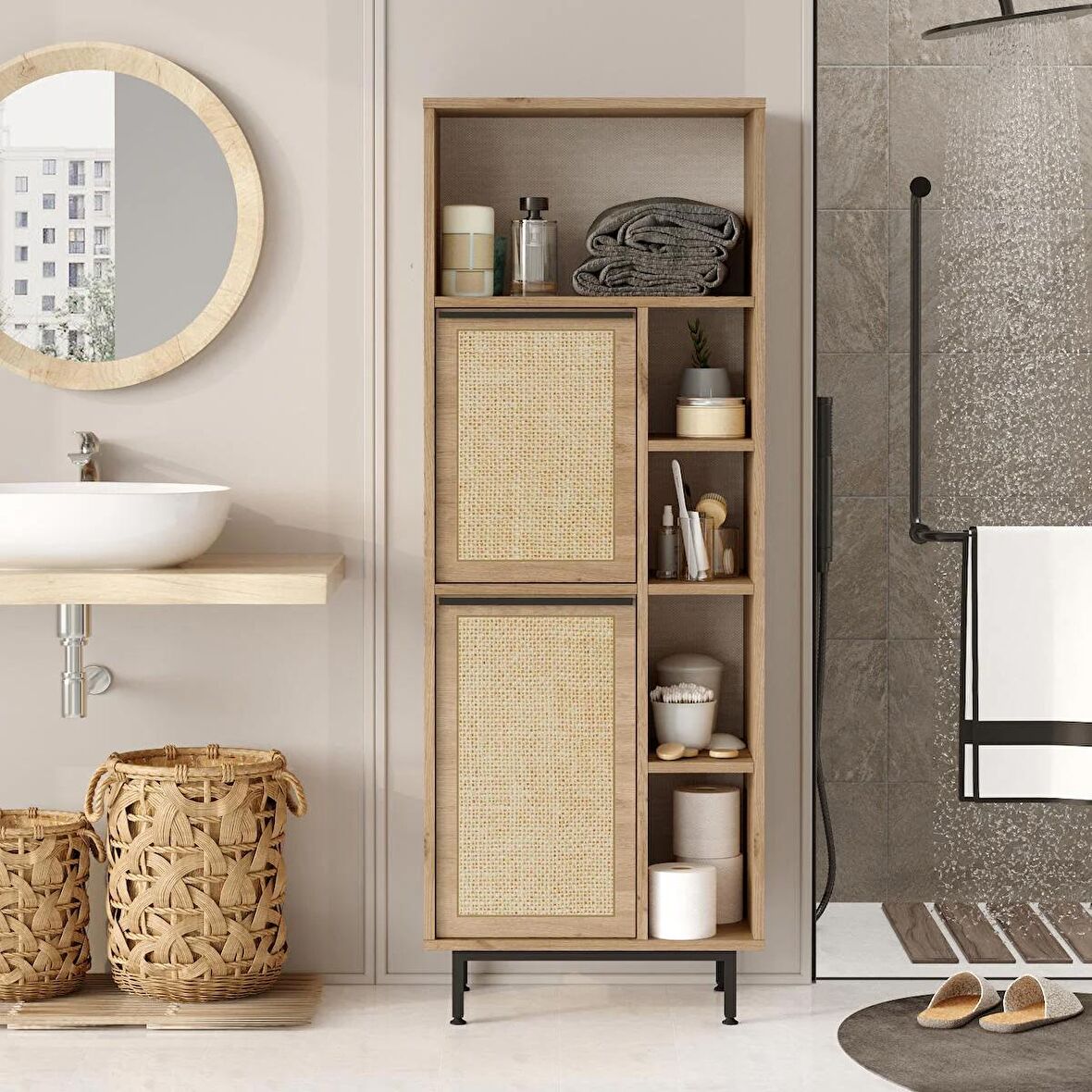 Robin Home Lidya Banyo Dolabı Çok Amaçlı Dolap 2 Kapaklı Metal Ayaklı Uv Baskı Sepet-Jüt 