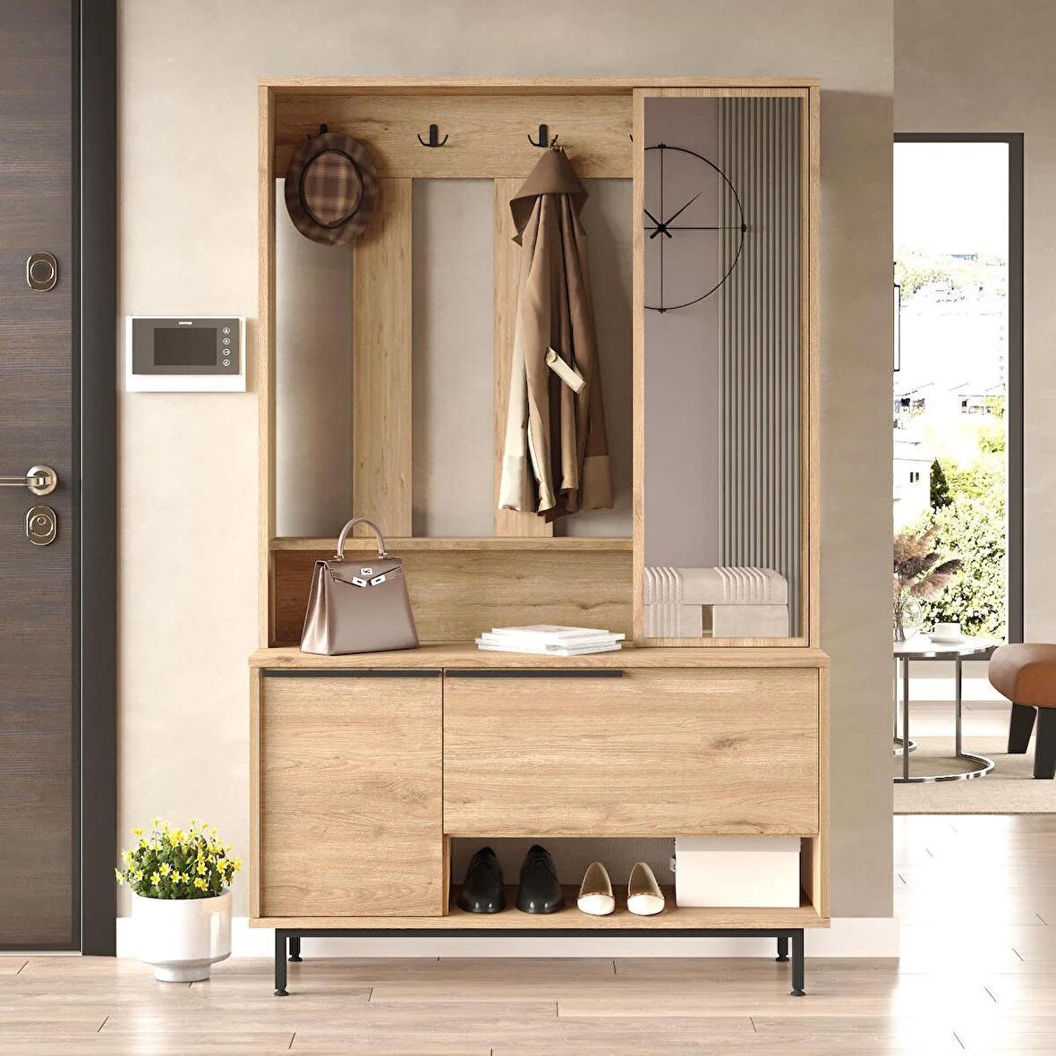 Robin Home Lidya Portmanto Vestiyer Ayakkabılık Aynalı Metal Ayaklı Sepet 