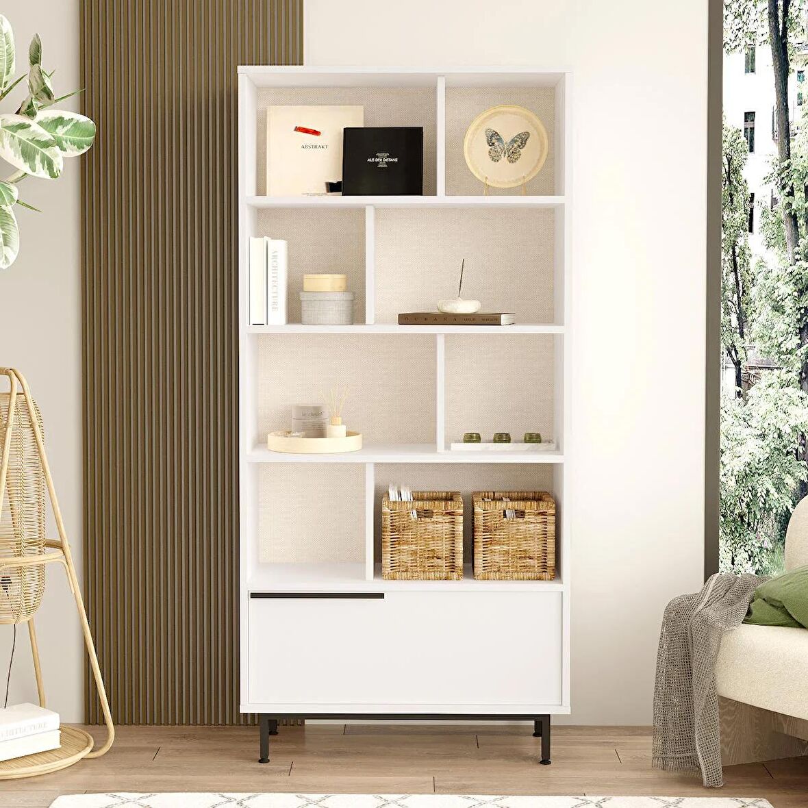 Robin Home Lidya Kitaplık Raf Metal Ayaklı 176cm Kapaklı Beyaz